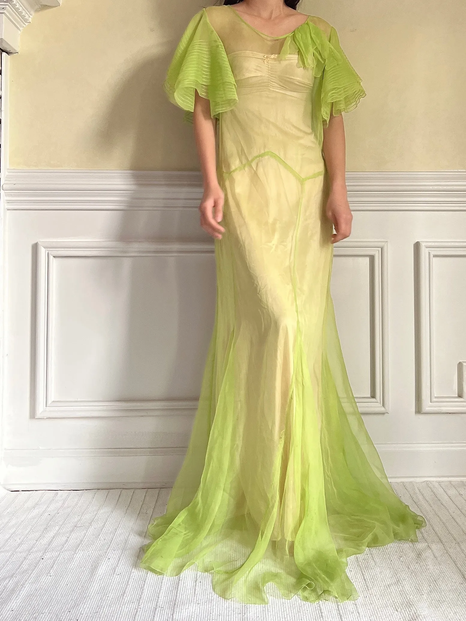 1930s Silk Chiffon Flutter Sleeve Dress - M
