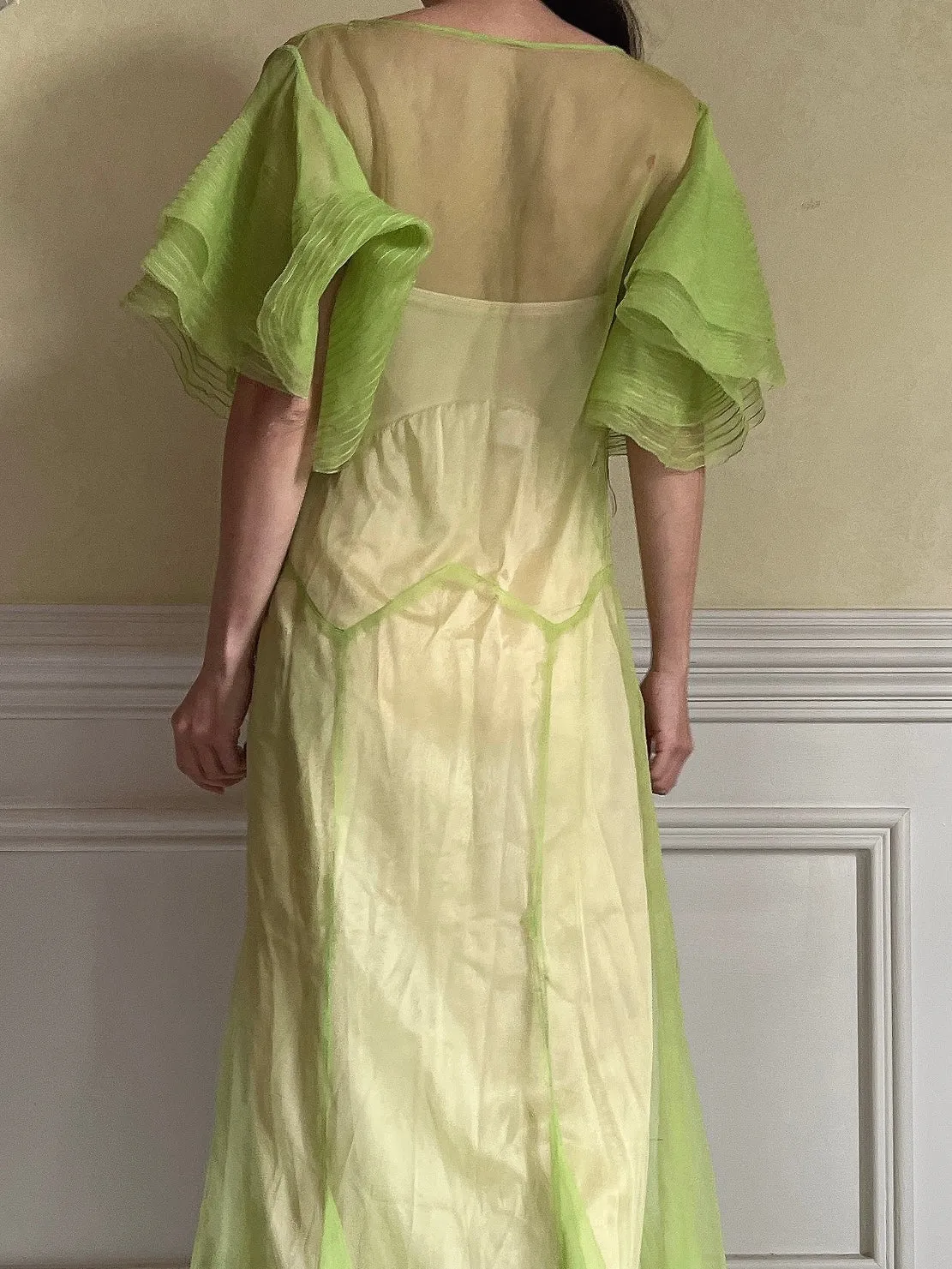 1930s Silk Chiffon Flutter Sleeve Dress - M