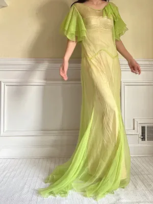 1930s Silk Chiffon Flutter Sleeve Dress - M