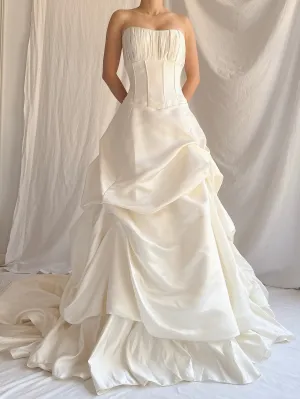 1990s Ivory Satin Ruche Gown - M/8