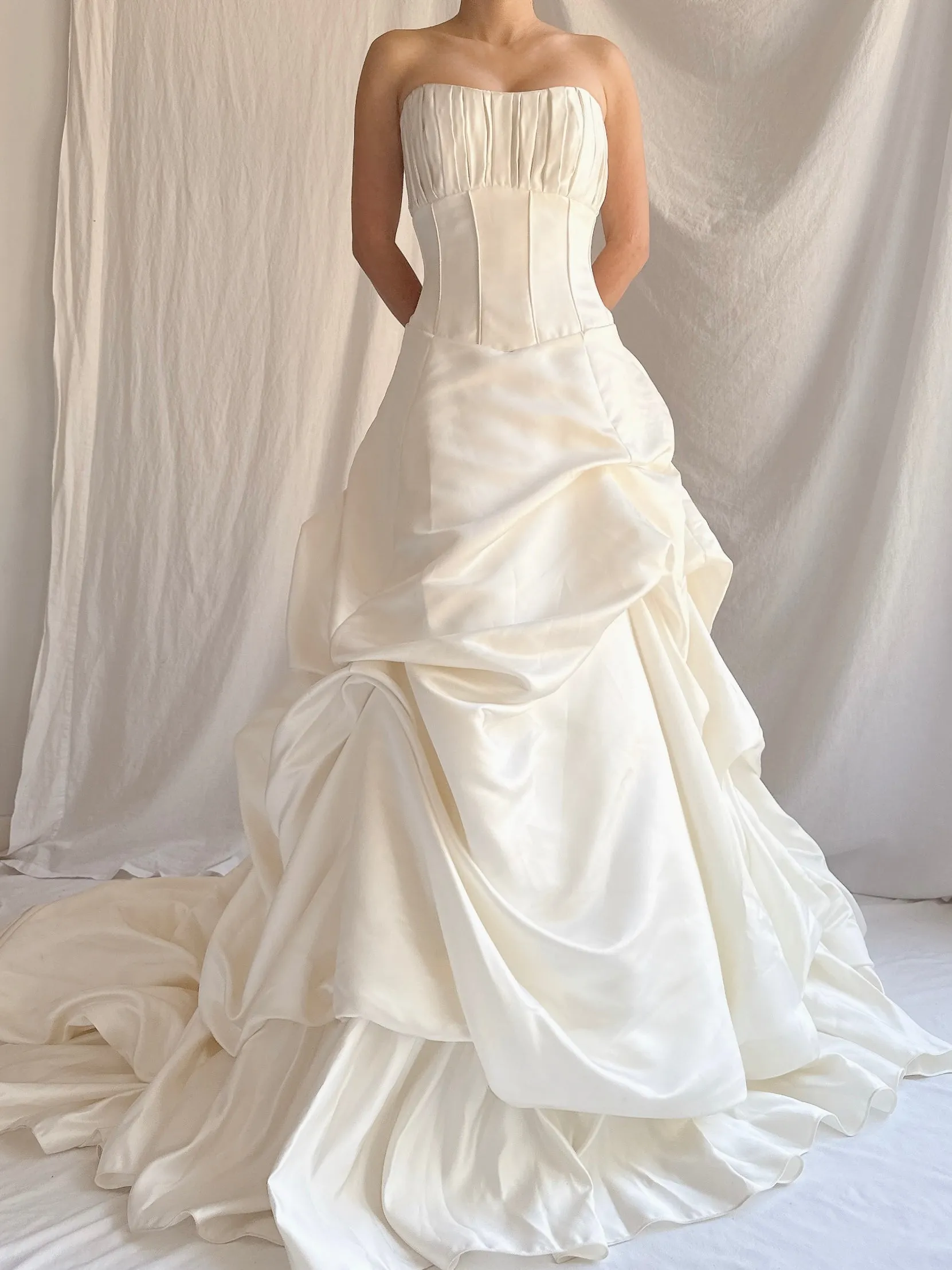 1990s Ivory Satin Ruche Gown - M/8