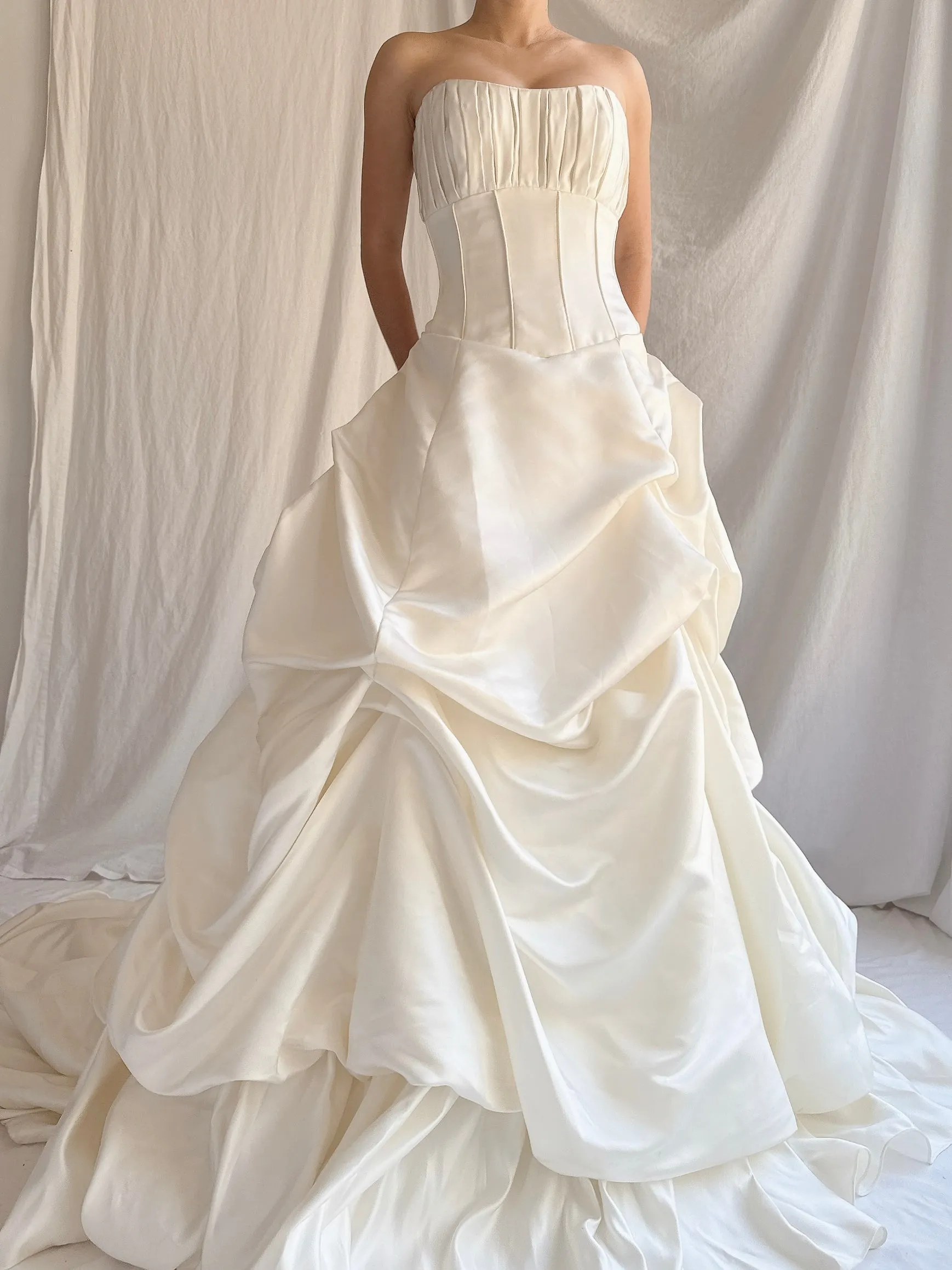 1990s Ivory Satin Ruche Gown - M/8