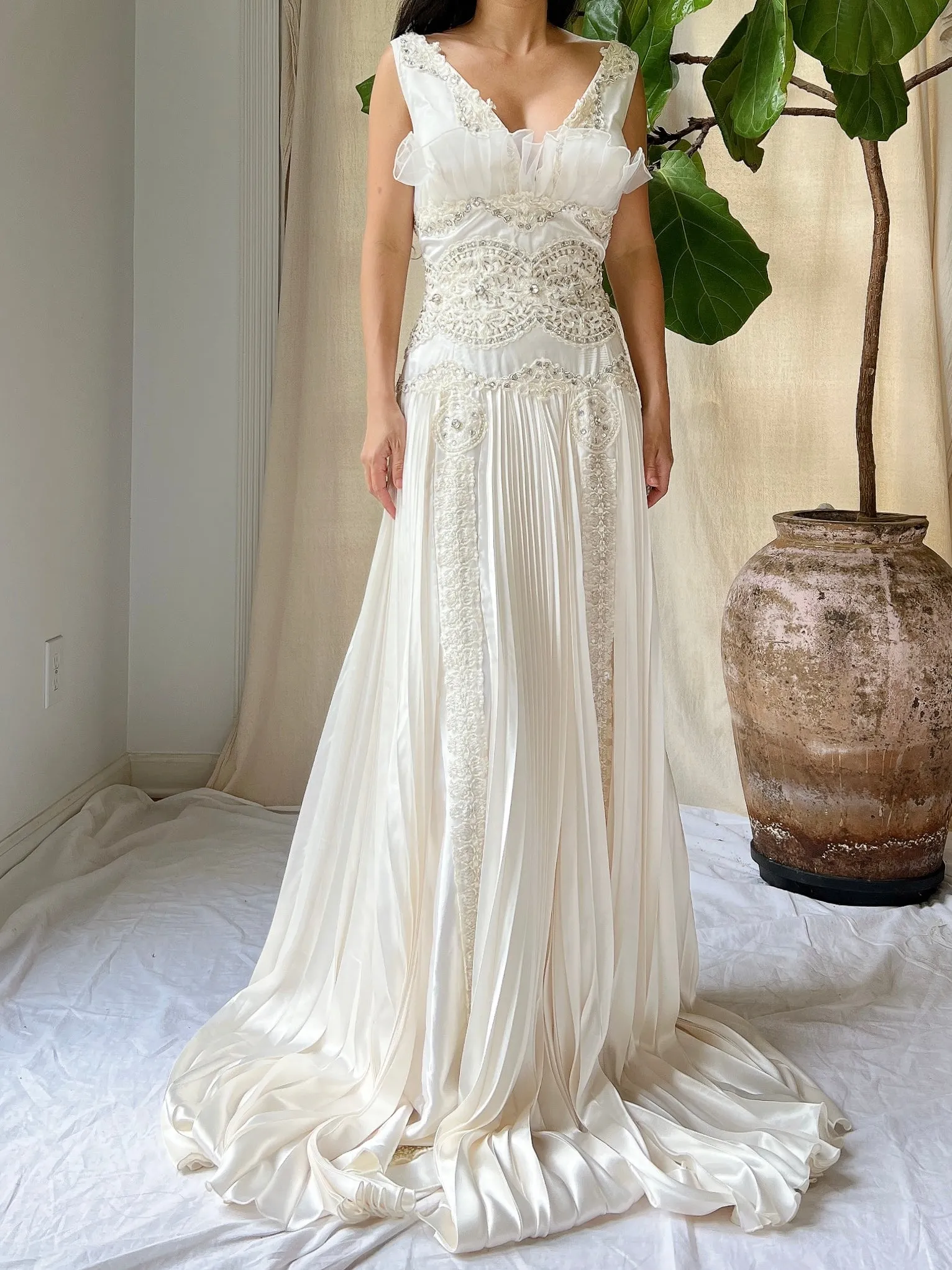 1990s Satin Pleated Gown - L