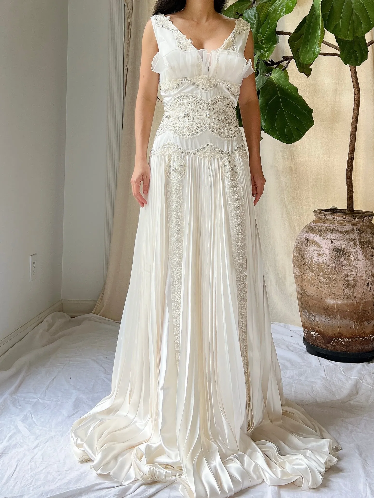 1990s Satin Pleated Gown - L