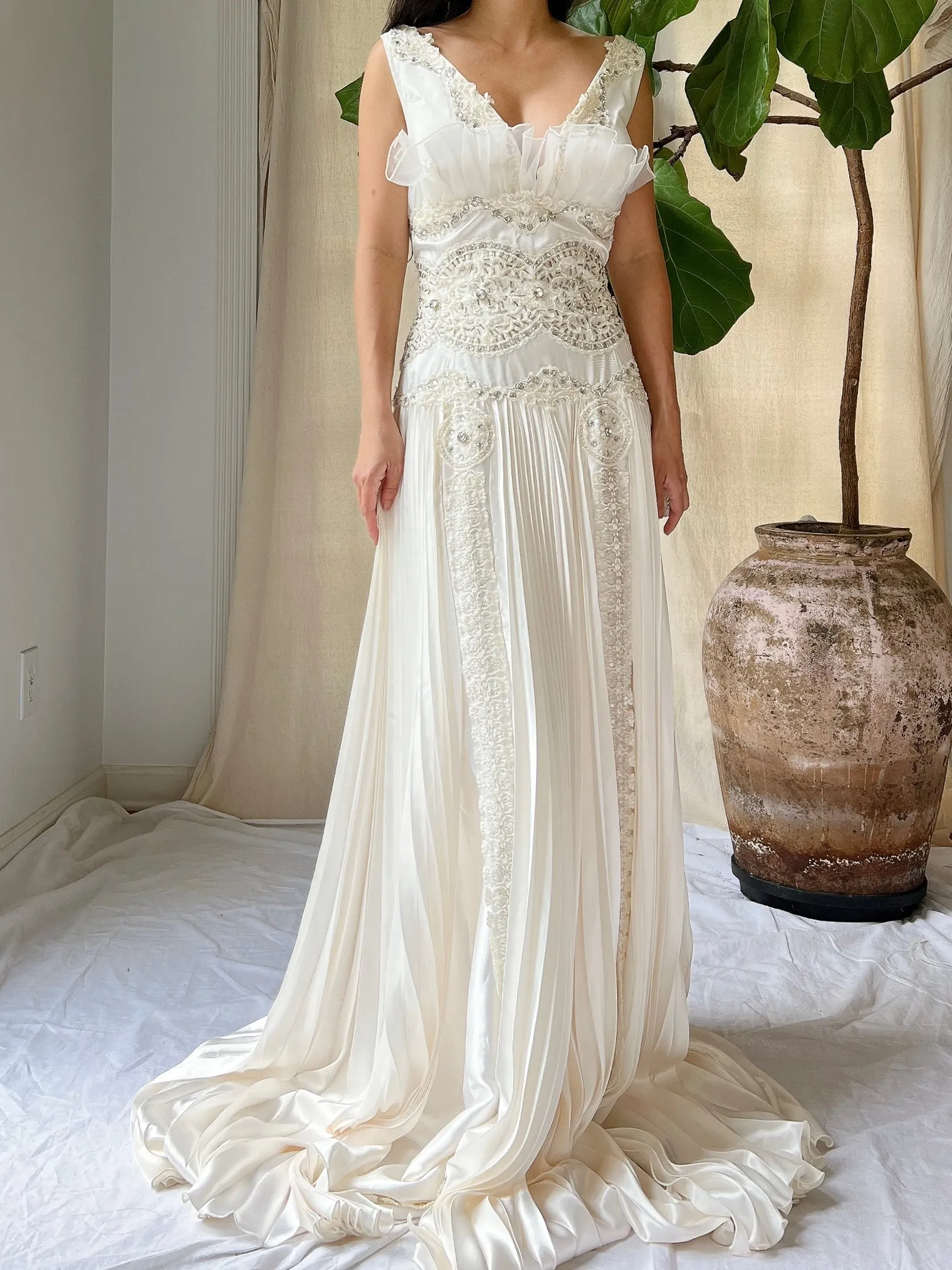 1990s Satin Pleated Gown - L