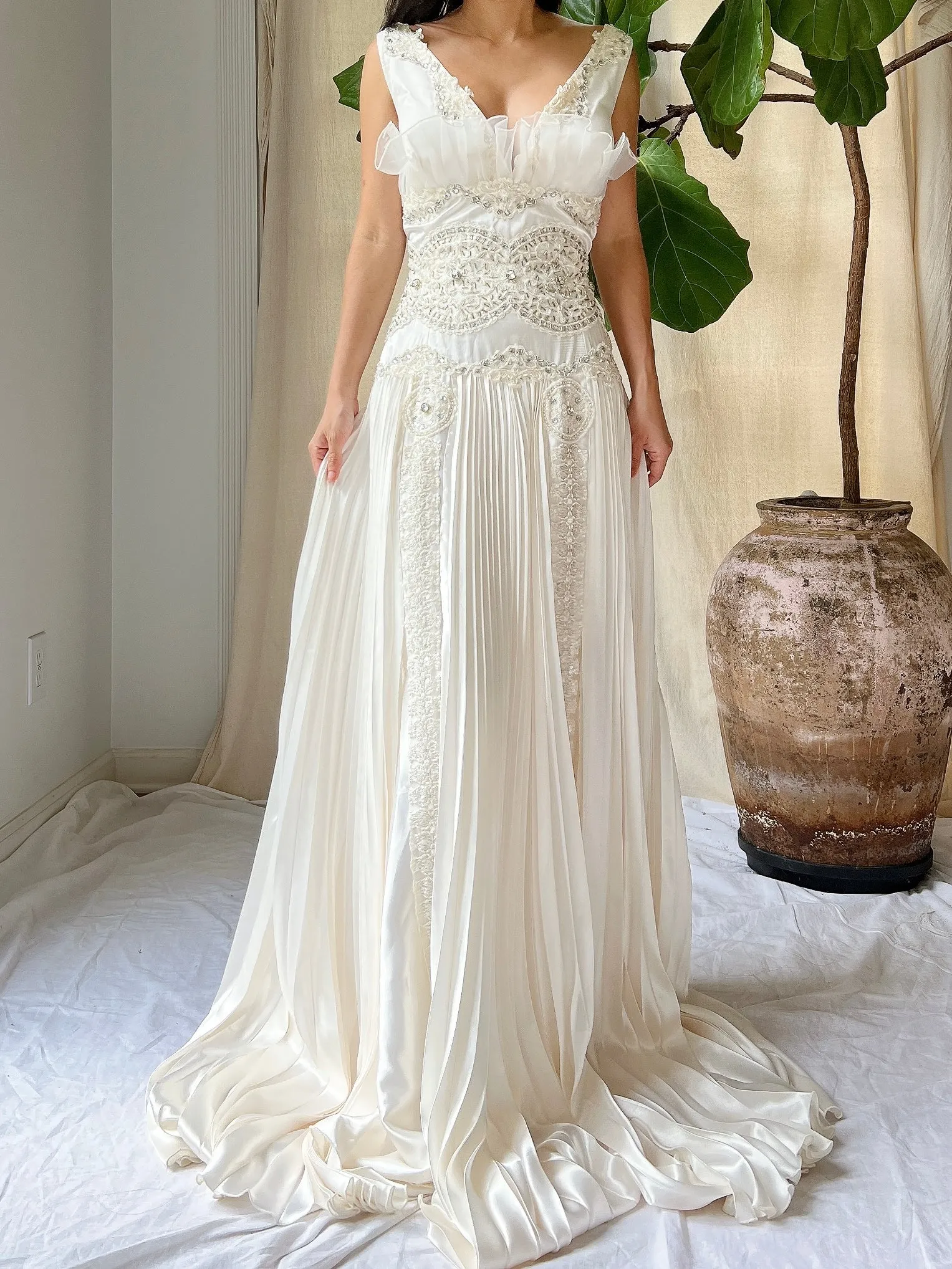 1990s Satin Pleated Gown - L