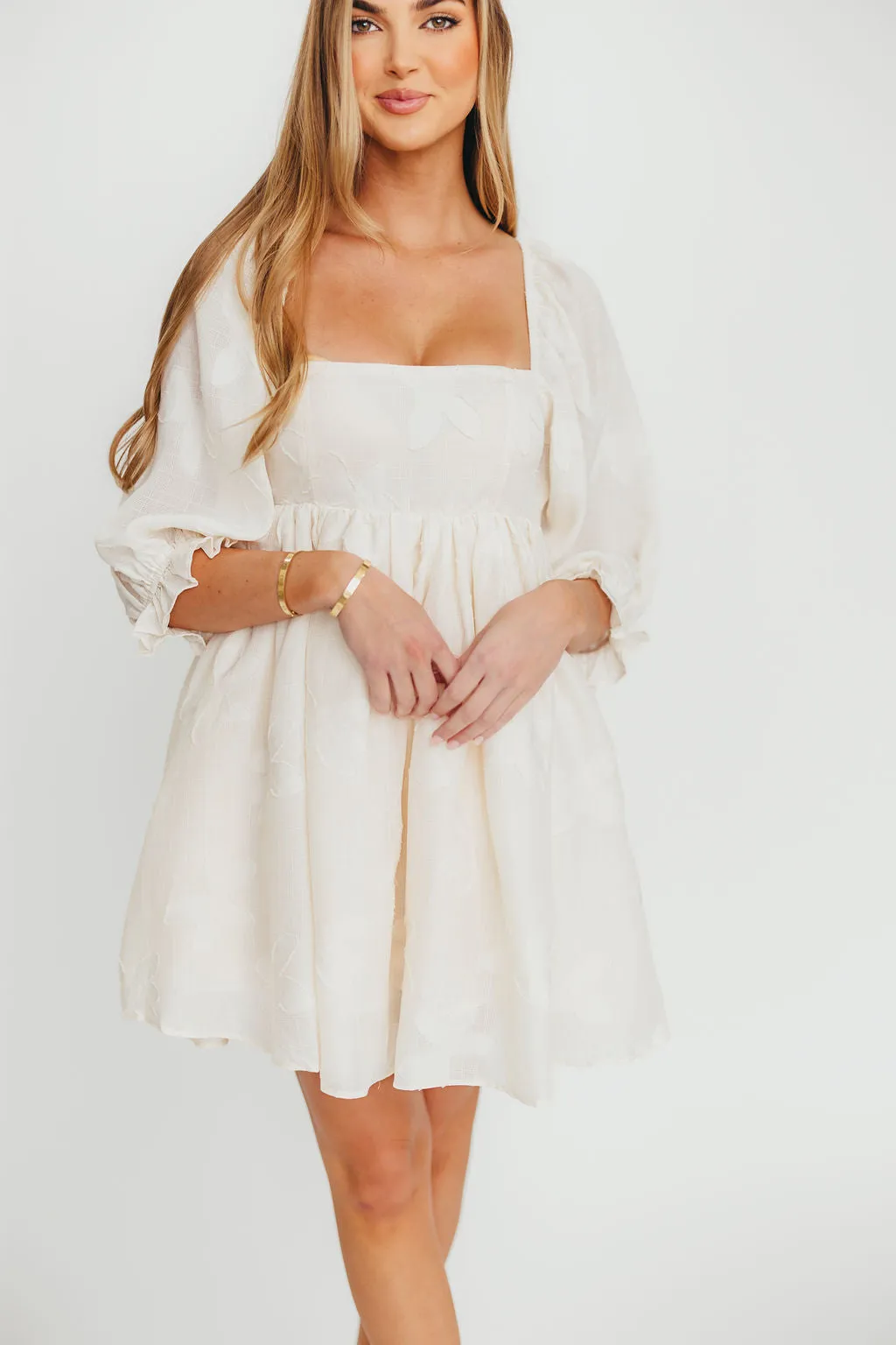 Alina Embroidered Babydoll Mini Dress in Cream