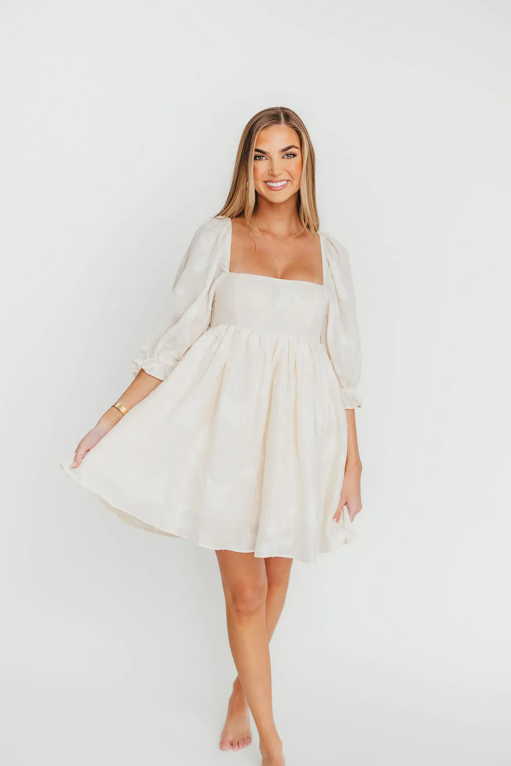 Alina Embroidered Babydoll Mini Dress in Cream