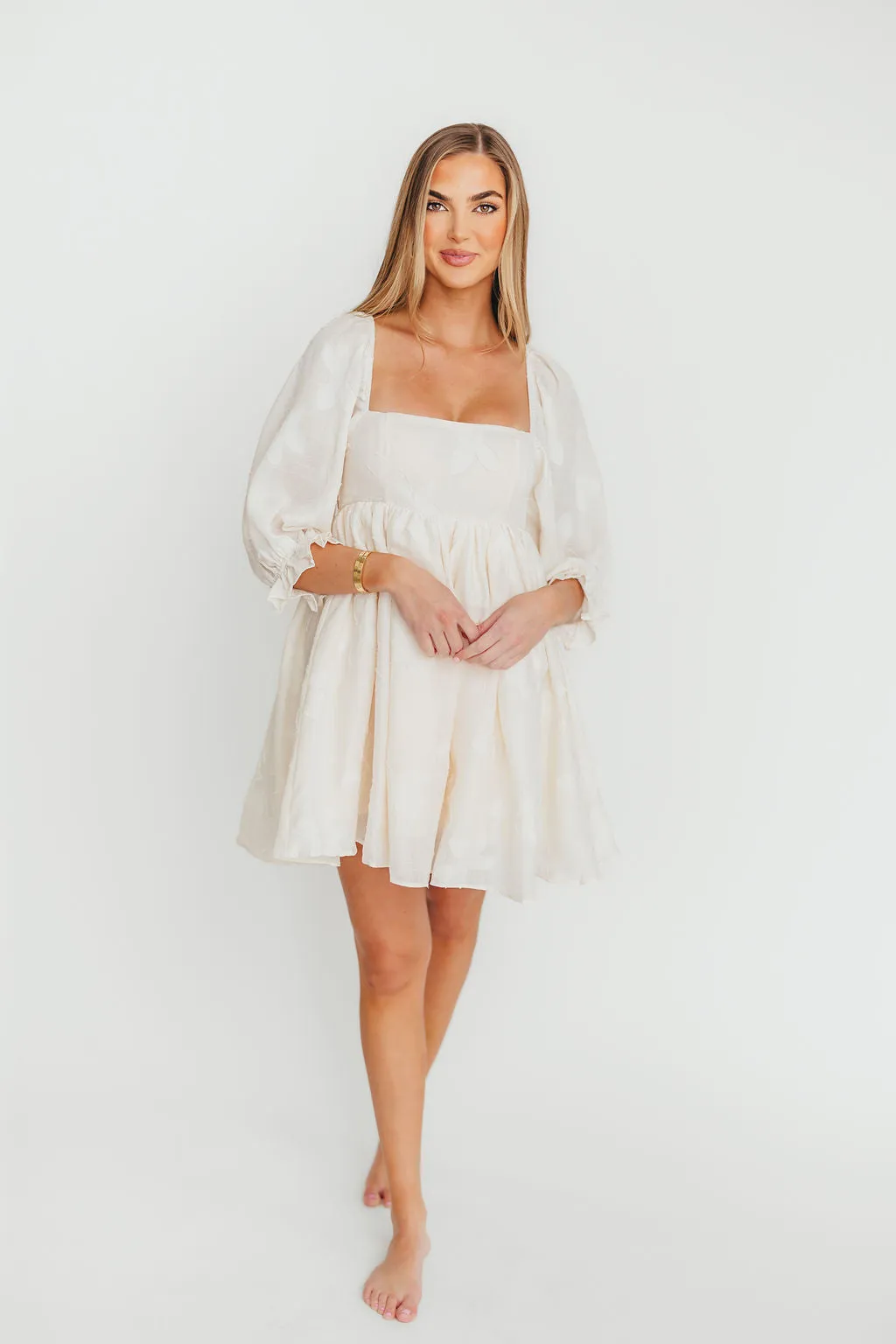 Alina Embroidered Babydoll Mini Dress in Cream