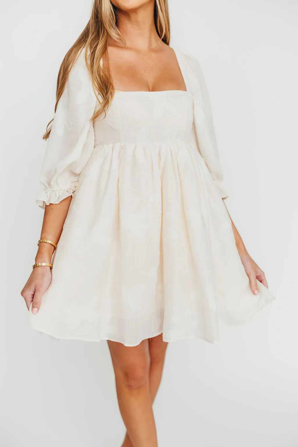Alina Embroidered Babydoll Mini Dress in Cream