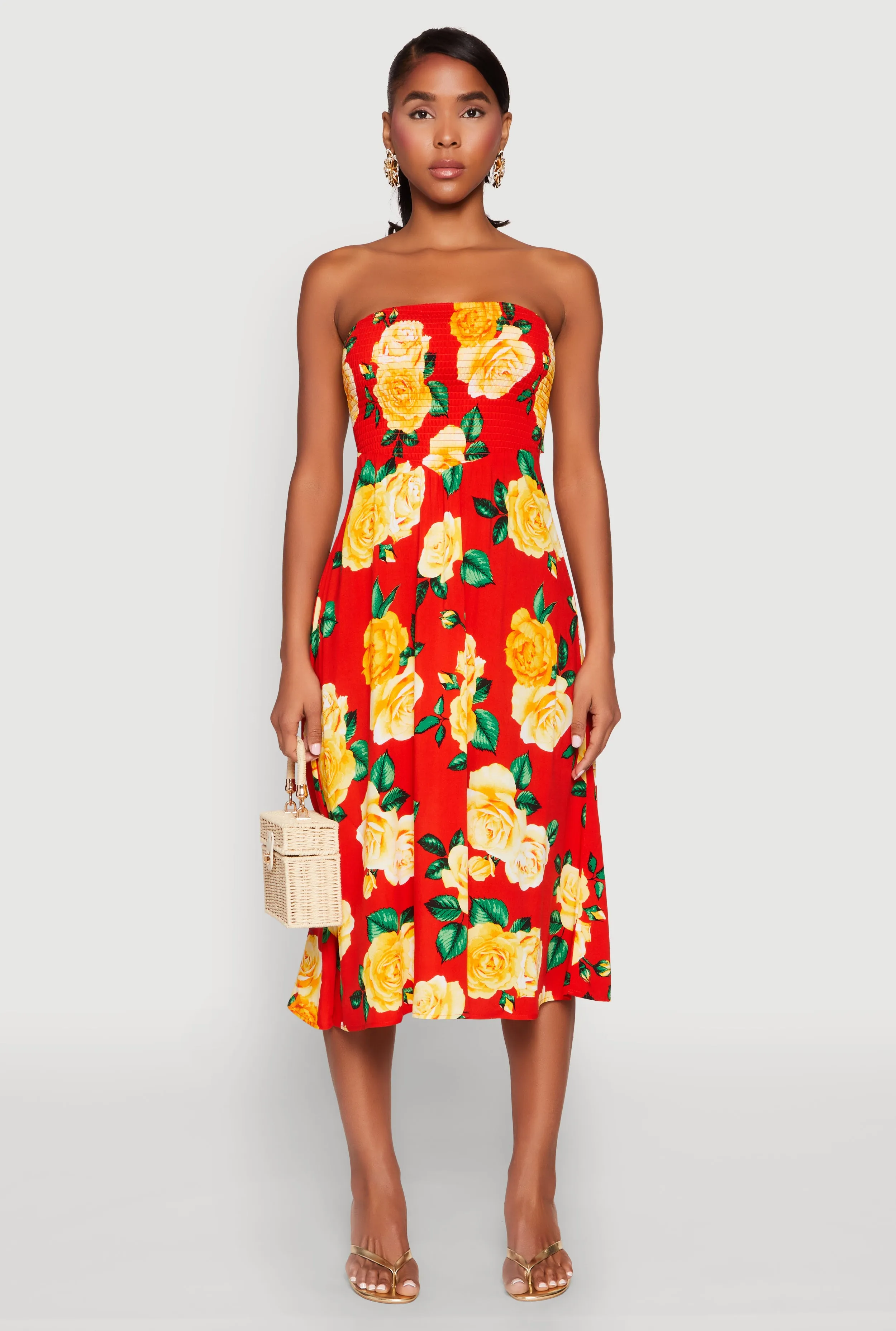 Almost Famous Floral Print Smocked Midi Dress