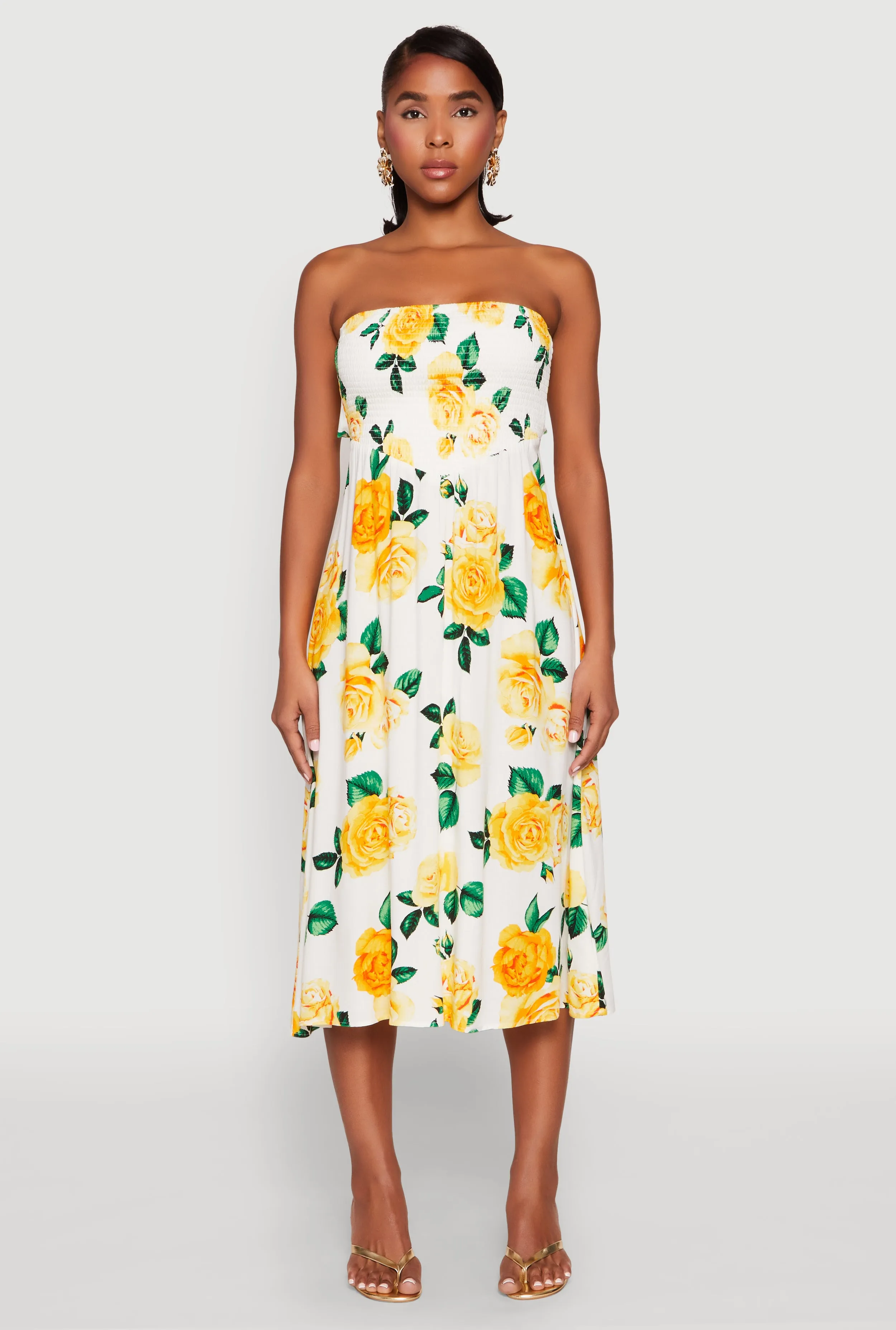Almost Famous Floral Print Smocked Midi Dress