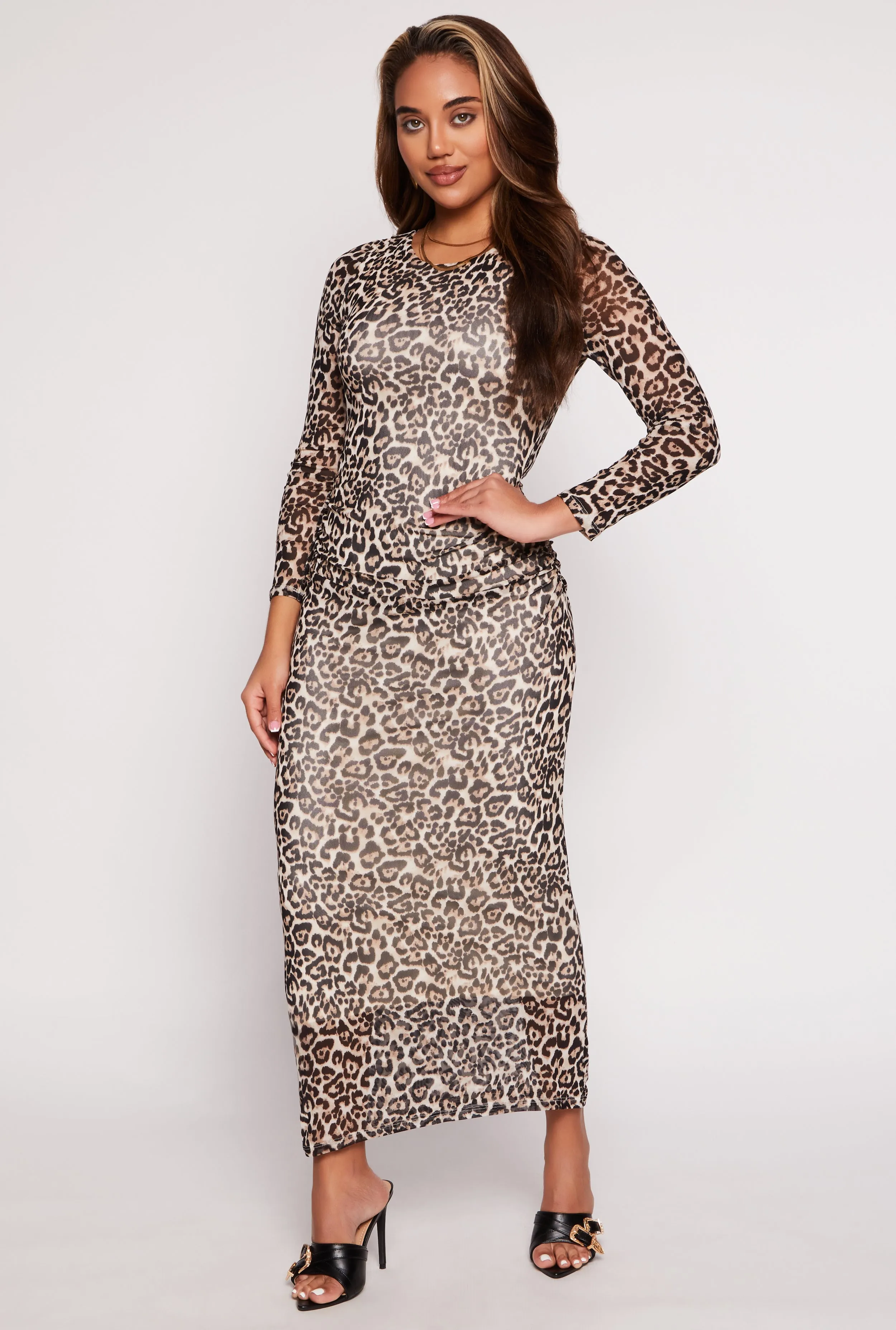 Almost Famous Mesh Printed Long Sleeve Maxi Dress