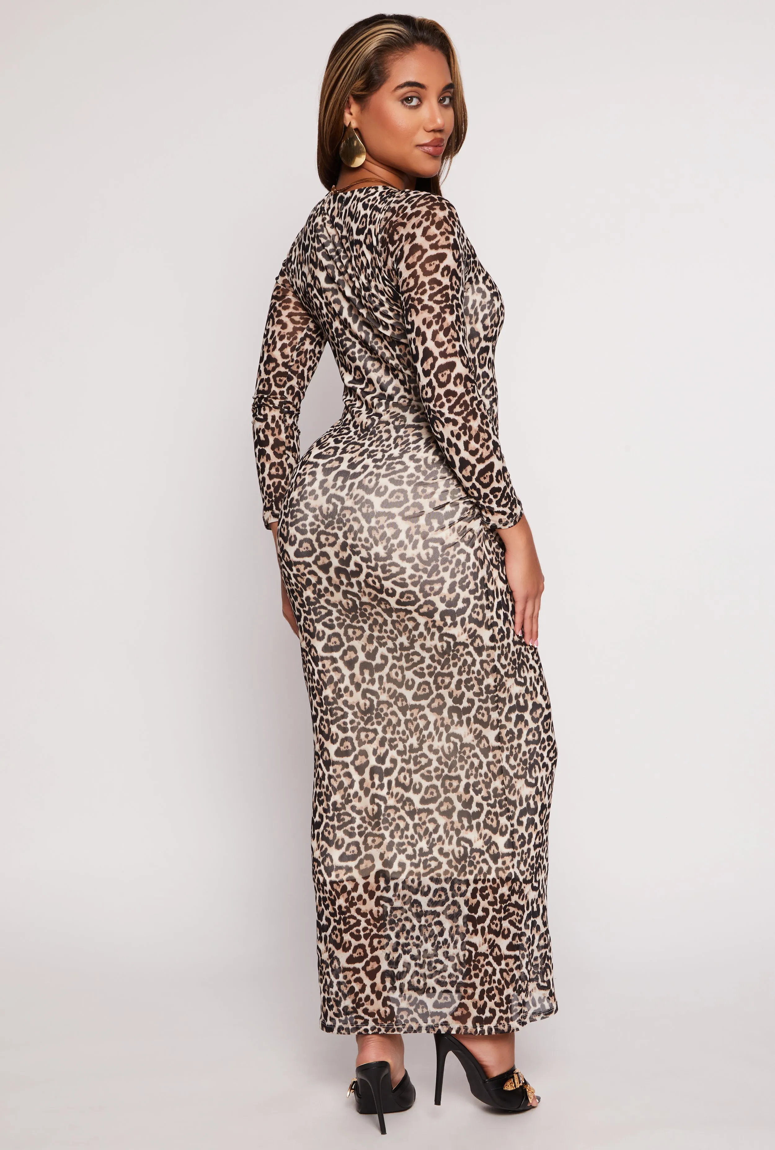 Almost Famous Mesh Printed Long Sleeve Maxi Dress