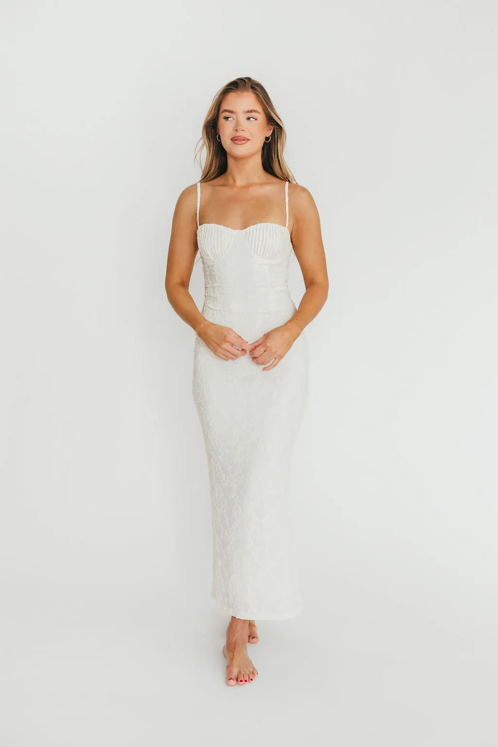 Amira Ruched Bustier Lace Up Back Maxi Dress in Ivory