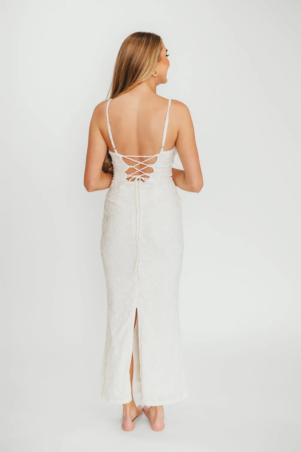 Amira Ruched Bustier Lace Up Back Maxi Dress in Ivory
