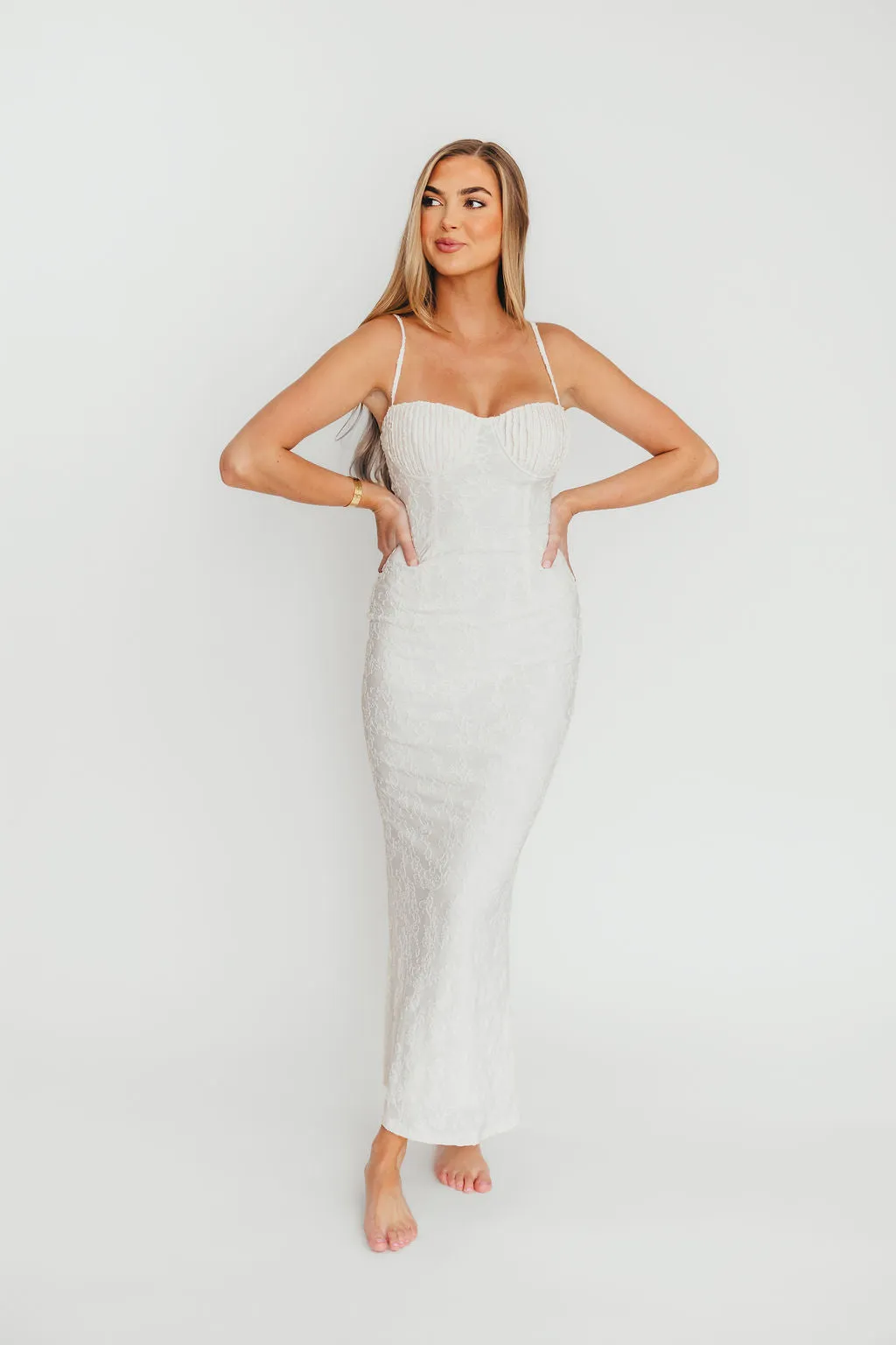 Amira Ruched Bustier Lace Up Back Maxi Dress in Ivory