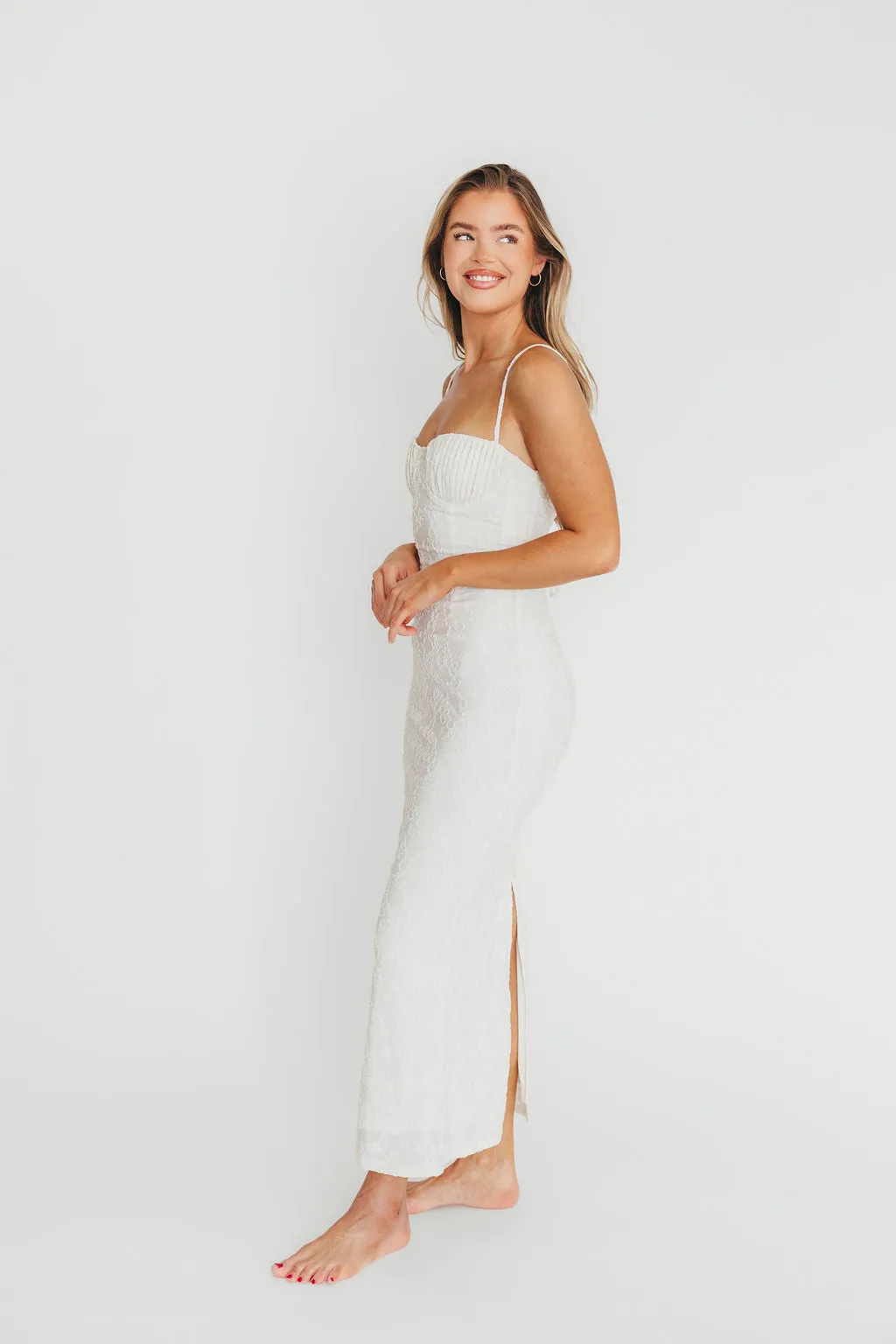 Amira Ruched Bustier Lace Up Back Maxi Dress in Ivory