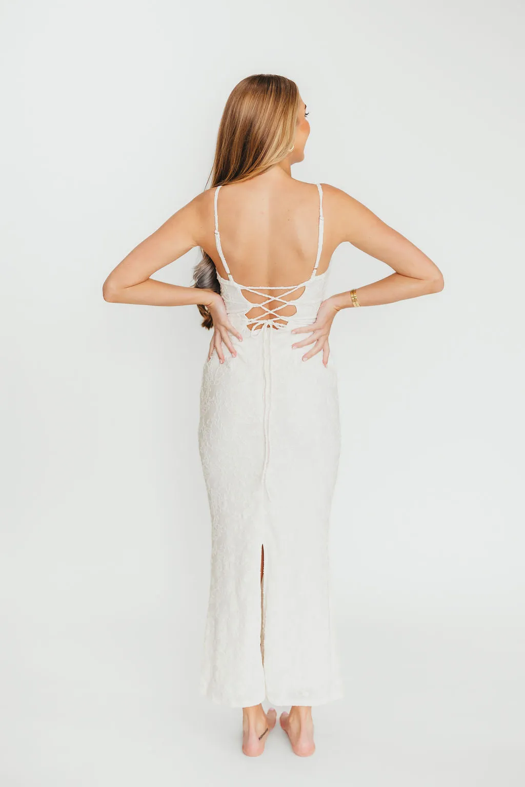 Amira Ruched Bustier Lace Up Back Maxi Dress in Ivory