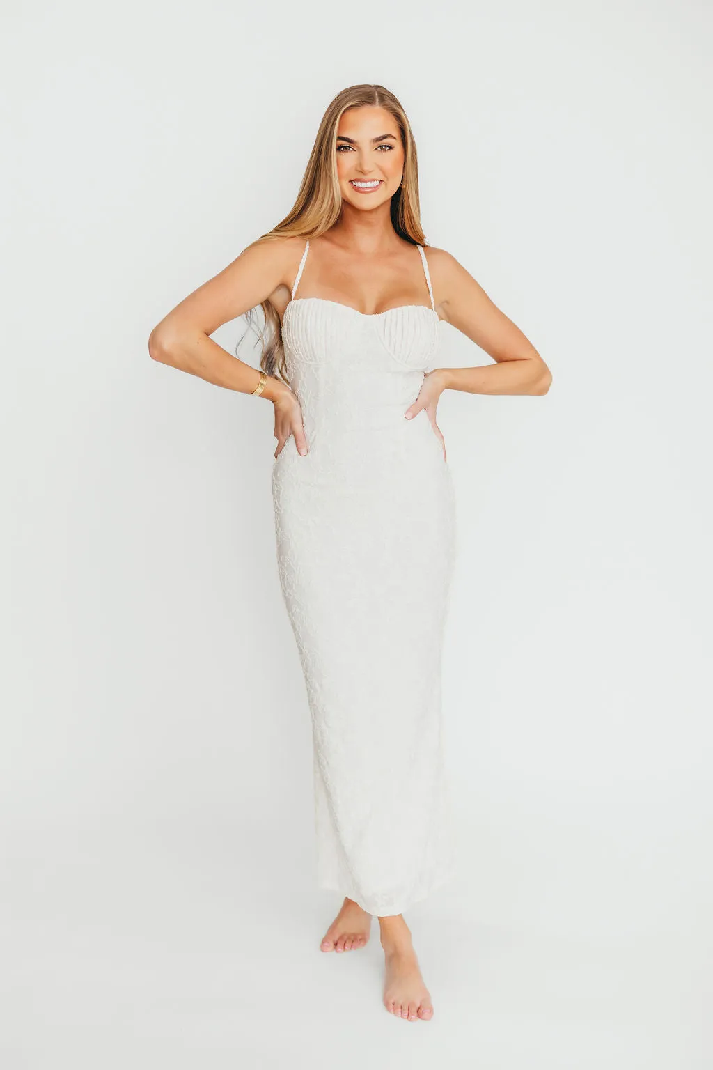 Amira Ruched Bustier Lace Up Back Maxi Dress in Ivory