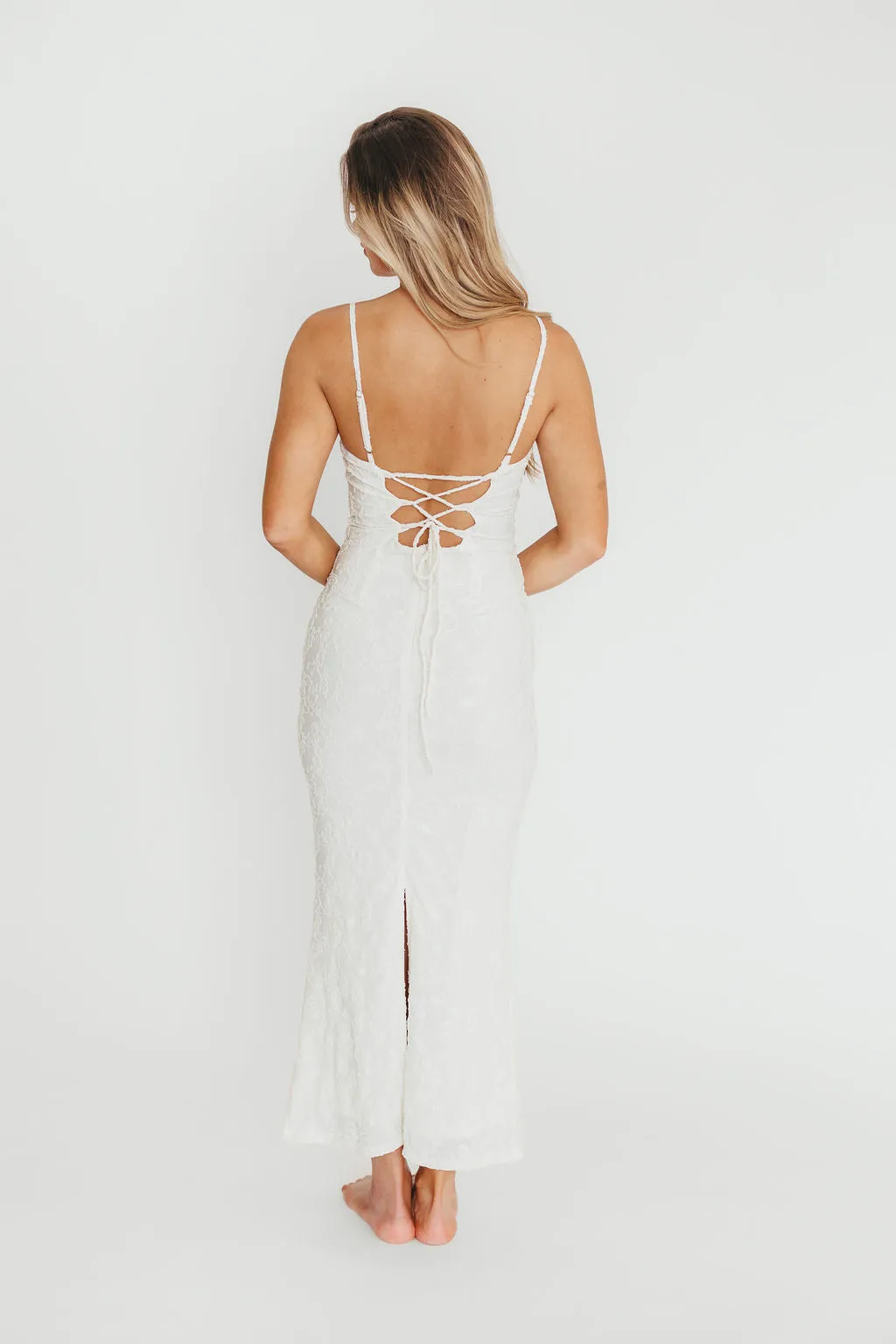 Amira Ruched Bustier Lace Up Back Maxi Dress in Ivory