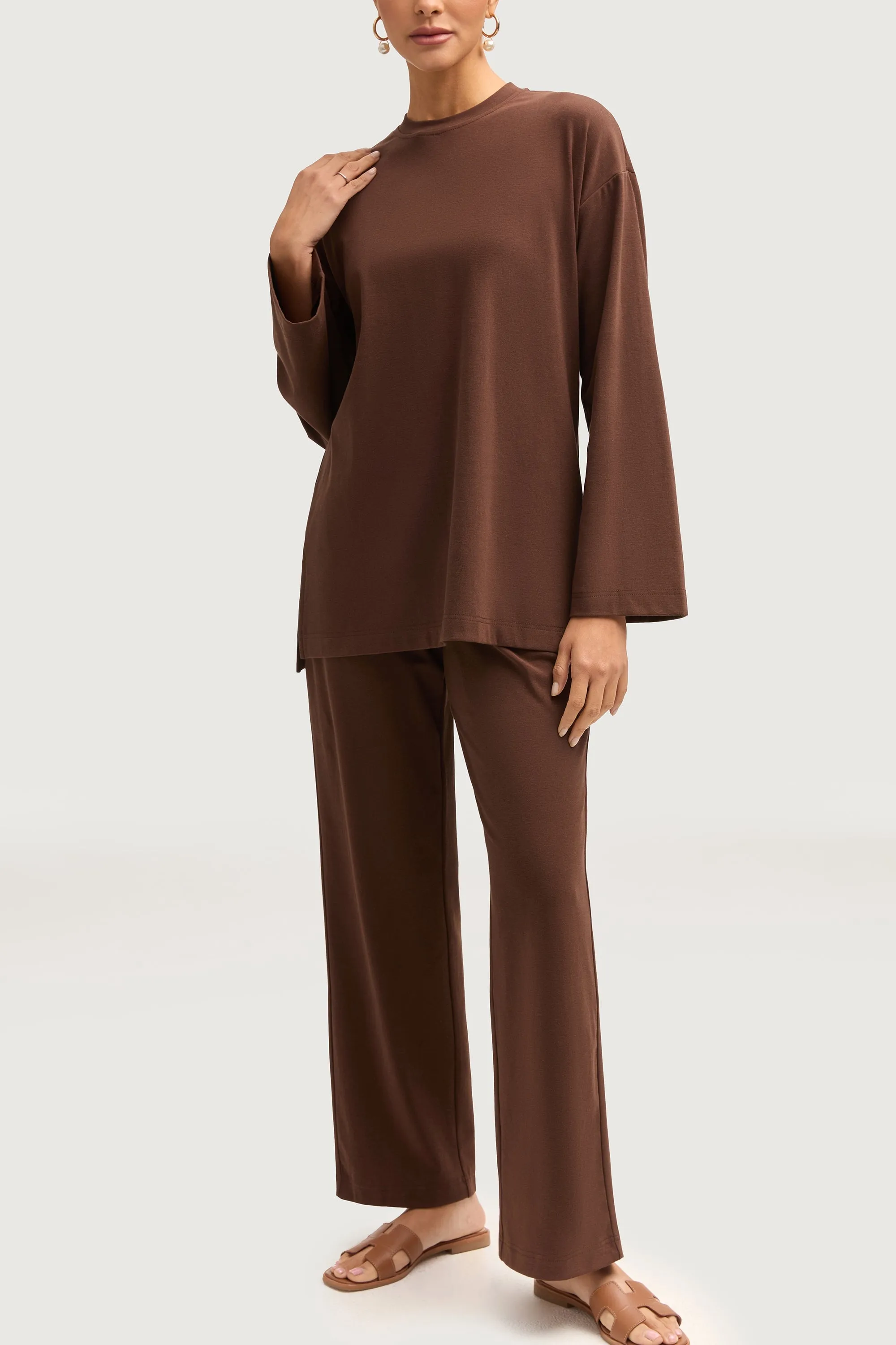 Aria Ribbed Everyday Wide Leg Pants - Dark Brown