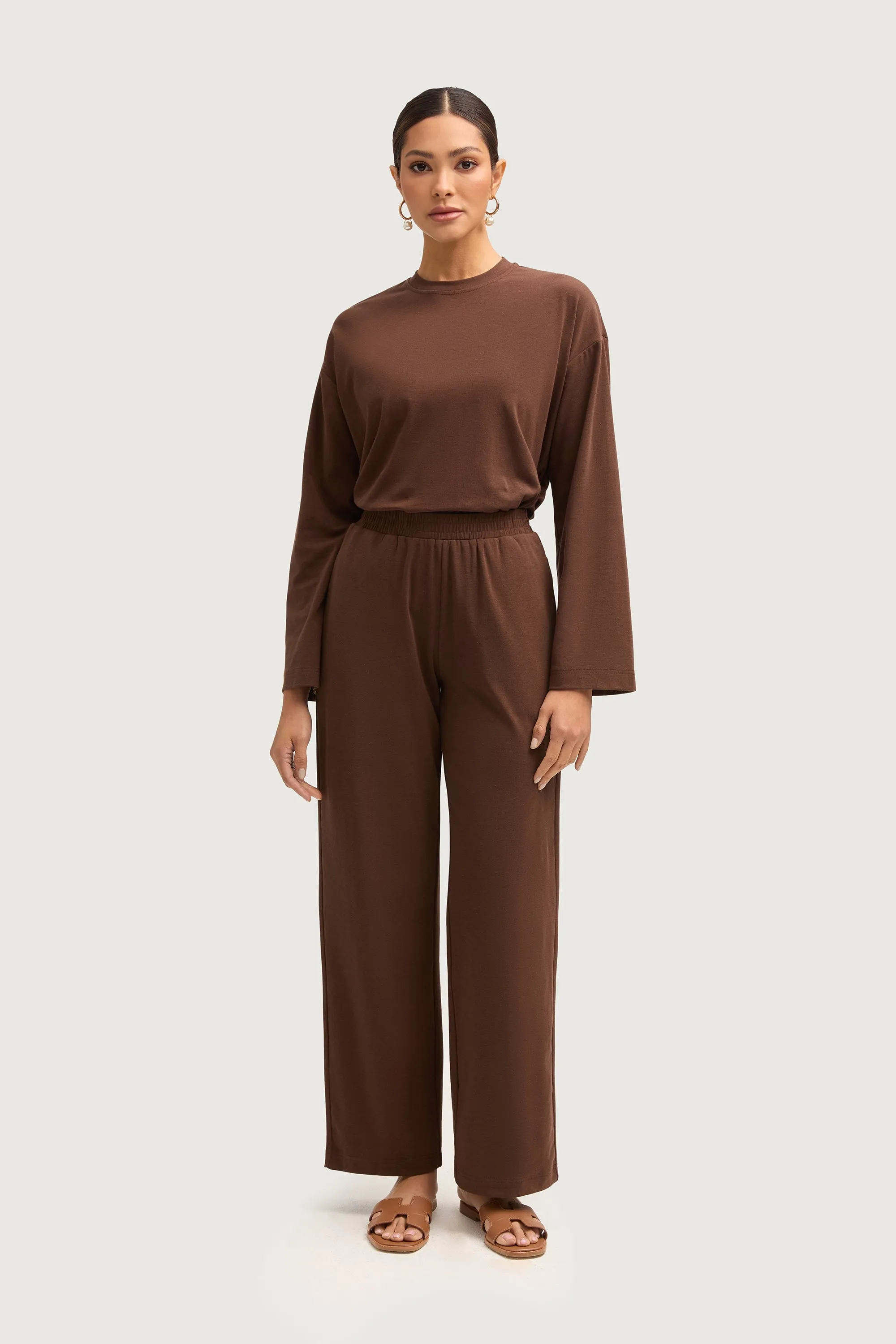 Aria Ribbed Everyday Wide Leg Pants - Dark Brown