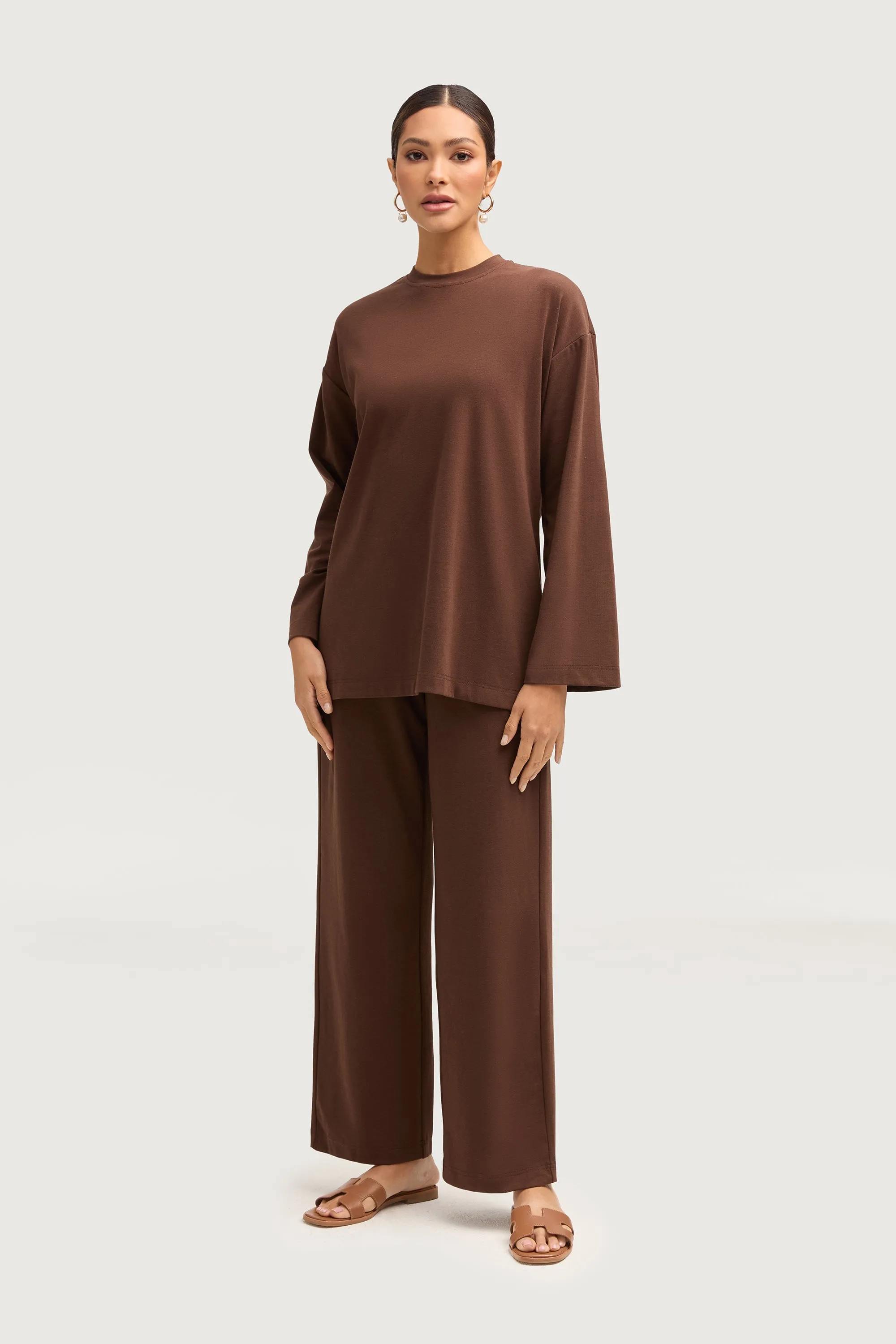 Aria Ribbed Everyday Wide Leg Pants - Dark Brown