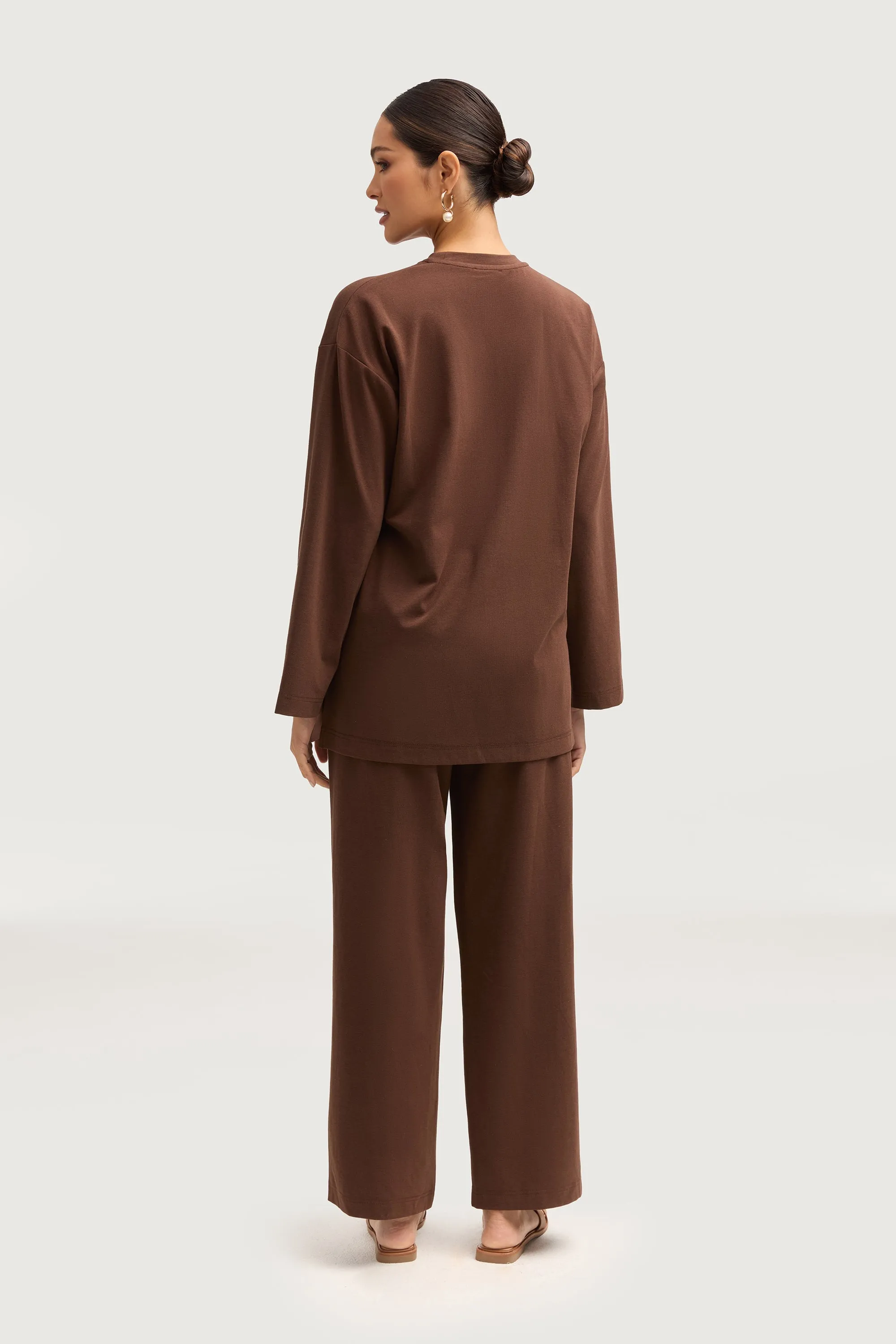 Aria Ribbed Everyday Wide Leg Pants - Dark Brown