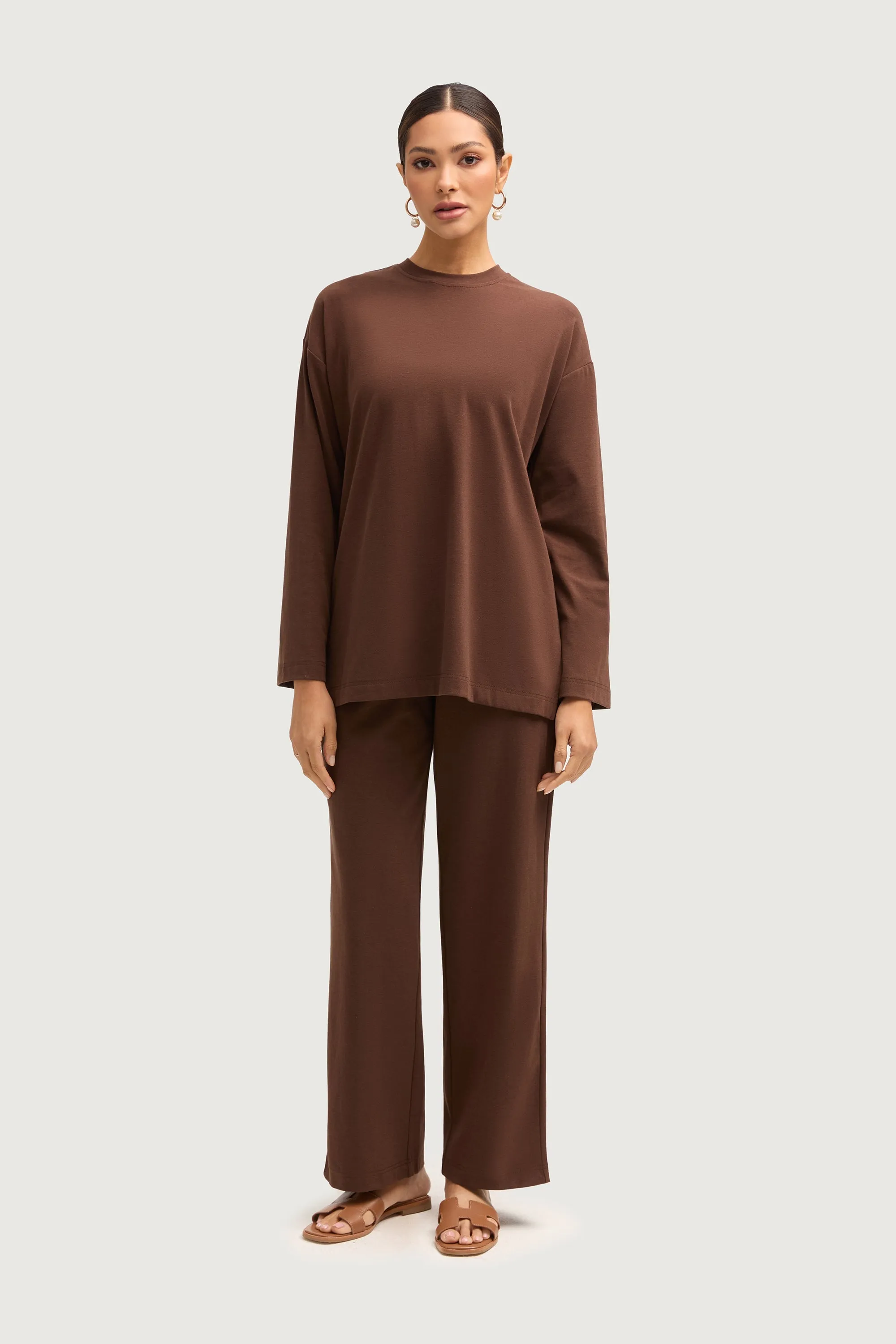Aria Ribbed Everyday Wide Leg Pants - Dark Brown