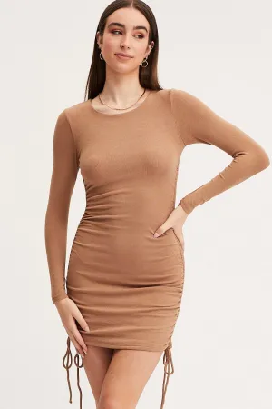 Beige Tie Back Dress Long Sleeve Mini