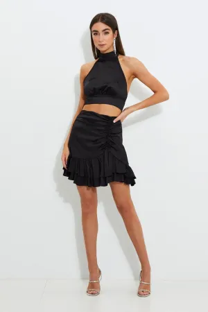 Black Designer Asymmetric Frill Detail Mini Skirt
