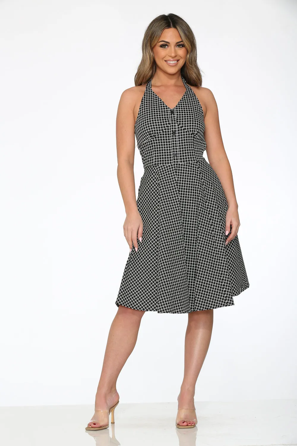 Black White Checkmate Halter Dress