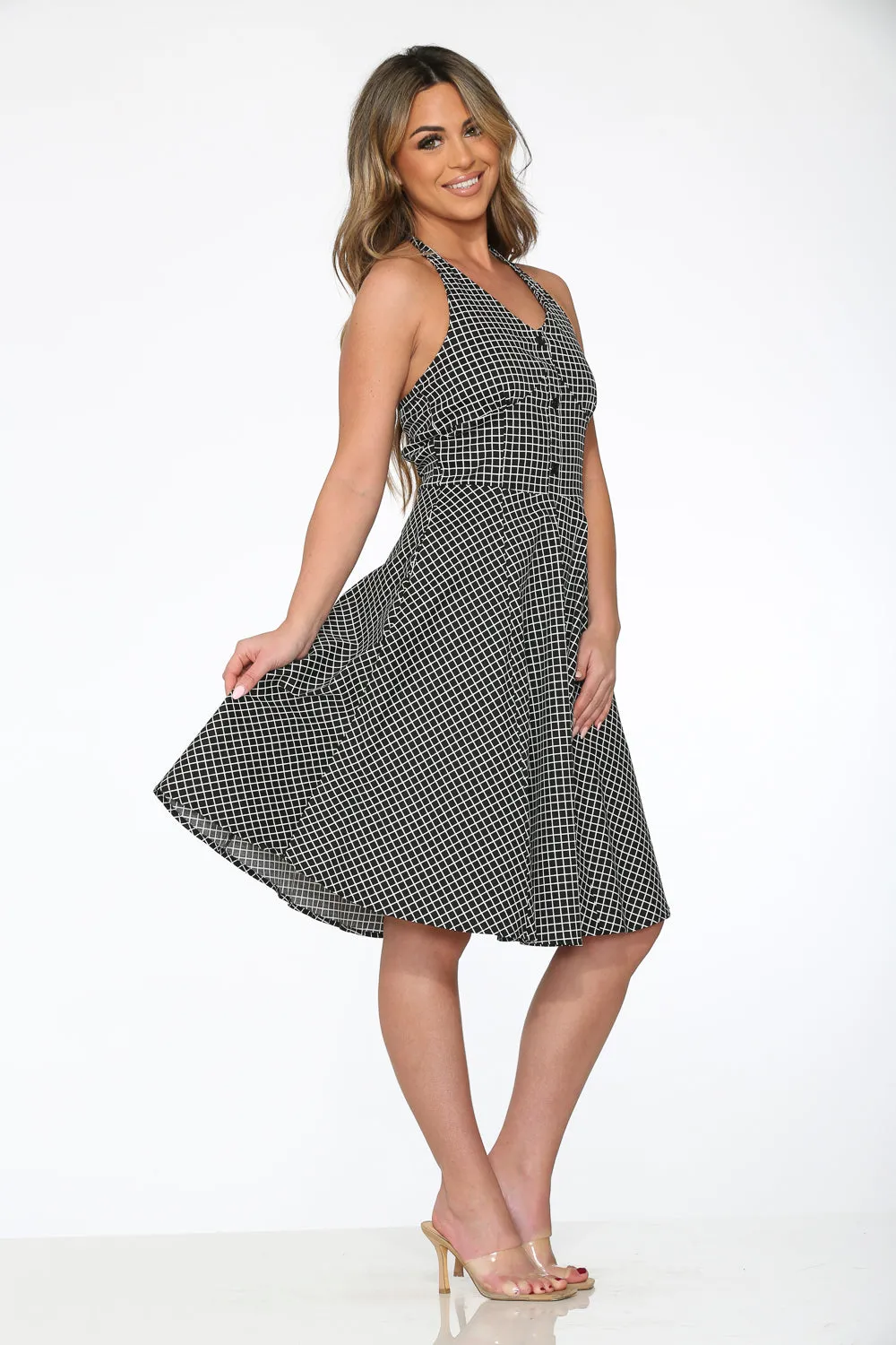 Black White Checkmate Halter Dress