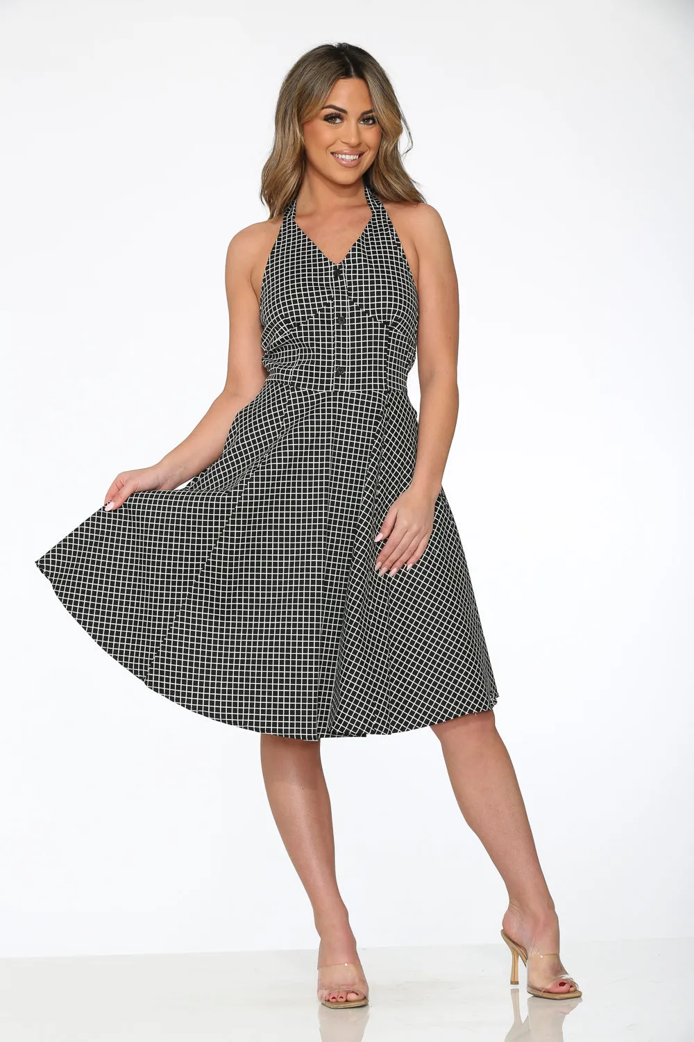Black White Checkmate Halter Dress