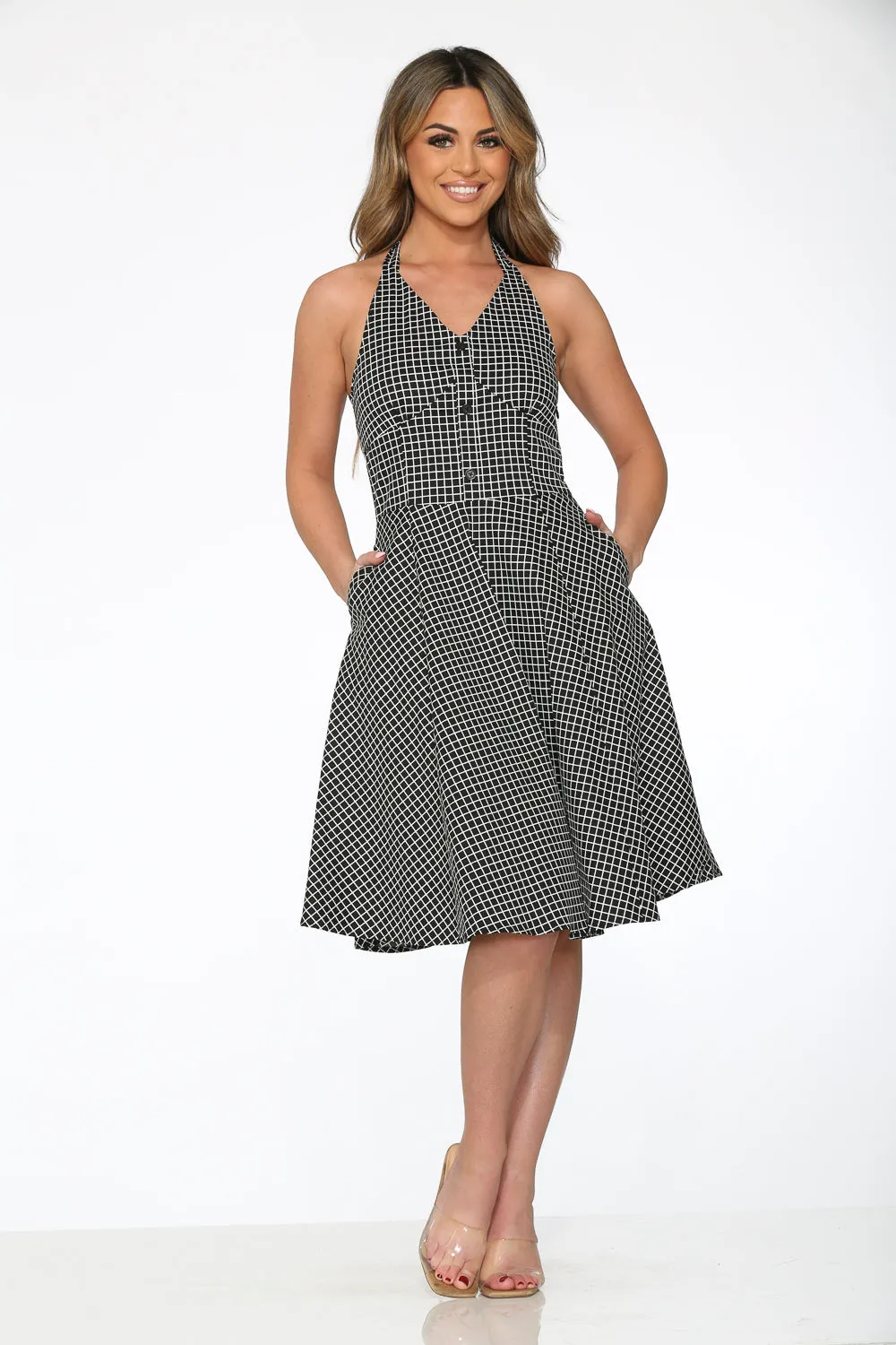 Black White Checkmate Halter Dress