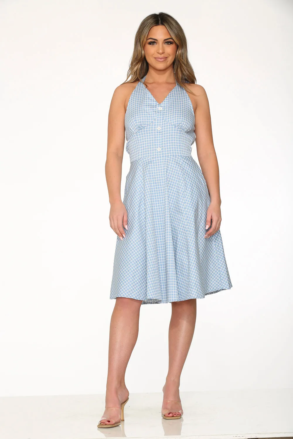 Blue White Checkmate Halter Swing Dress