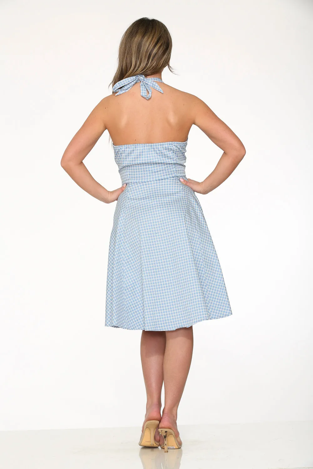 Blue White Checkmate Halter Swing Dress