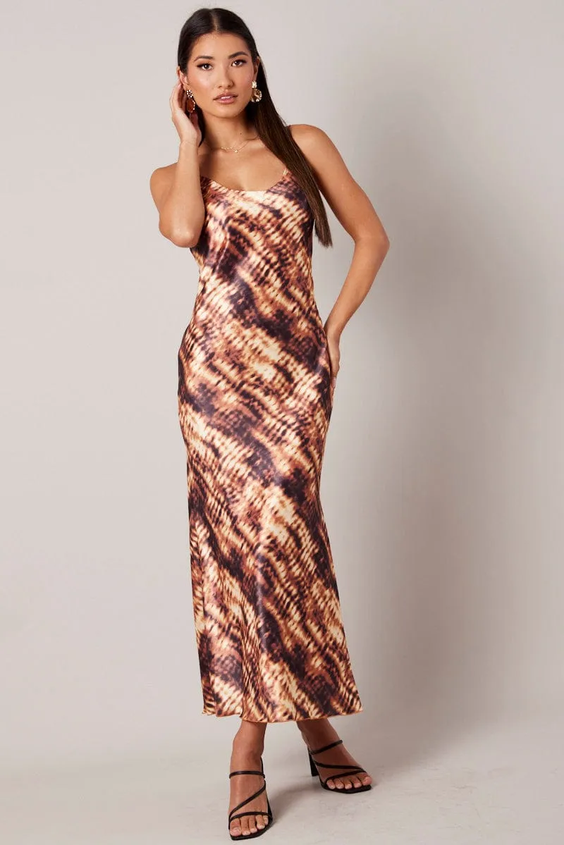 Brown Abstract Maxi Dress Strappy