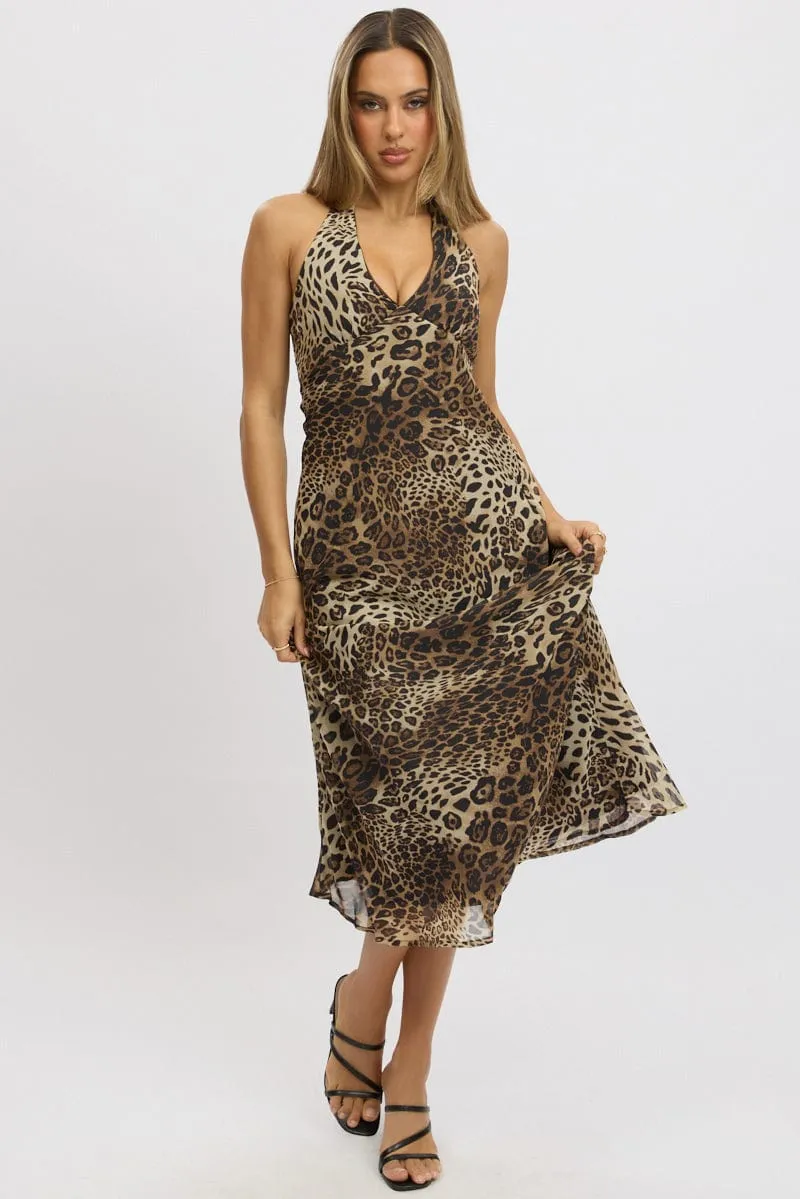 Brown Animal Print Midi Dress Halter Neck