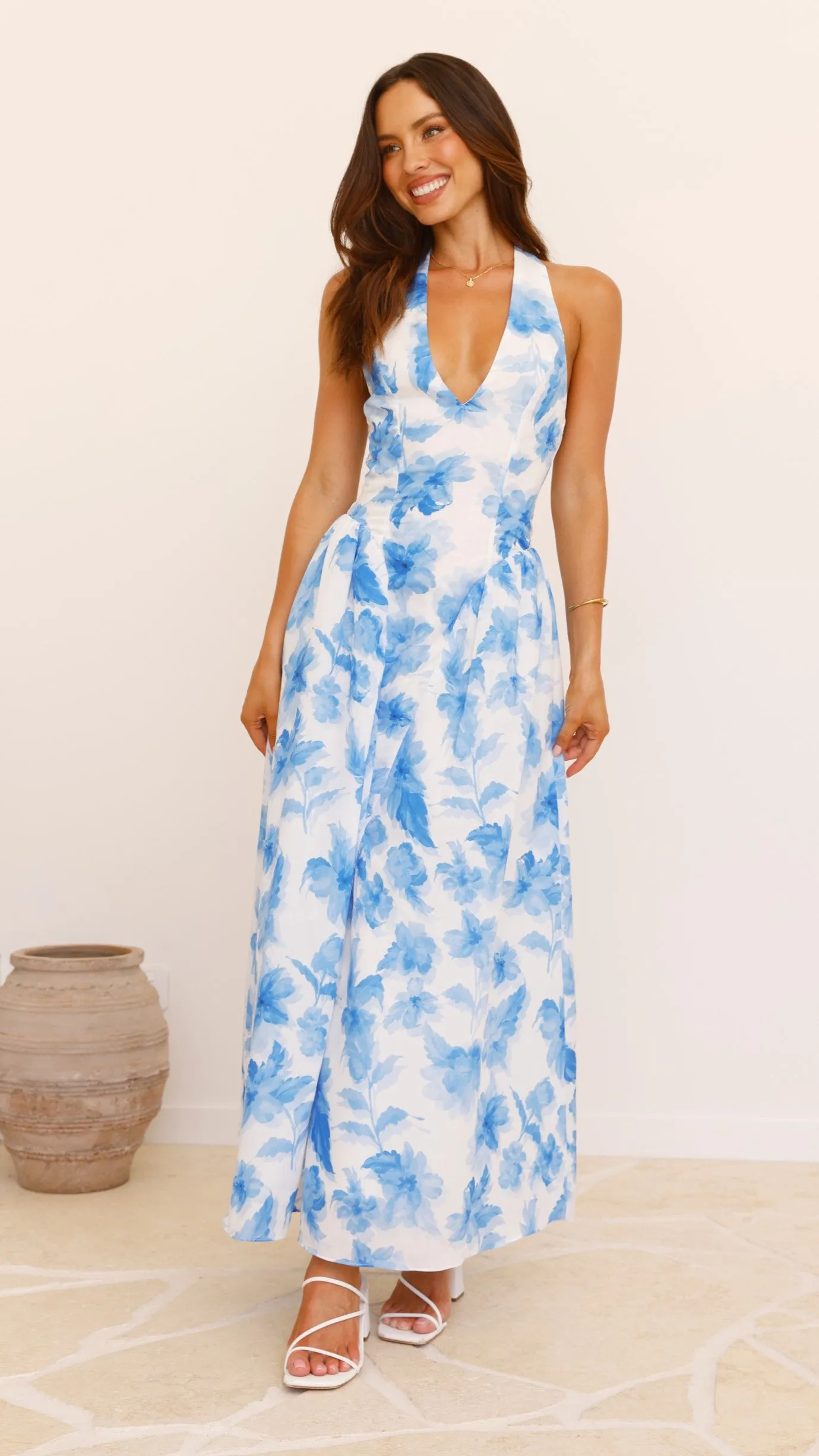 Bryony Halter Neck Maxi Dress - Blue Floral