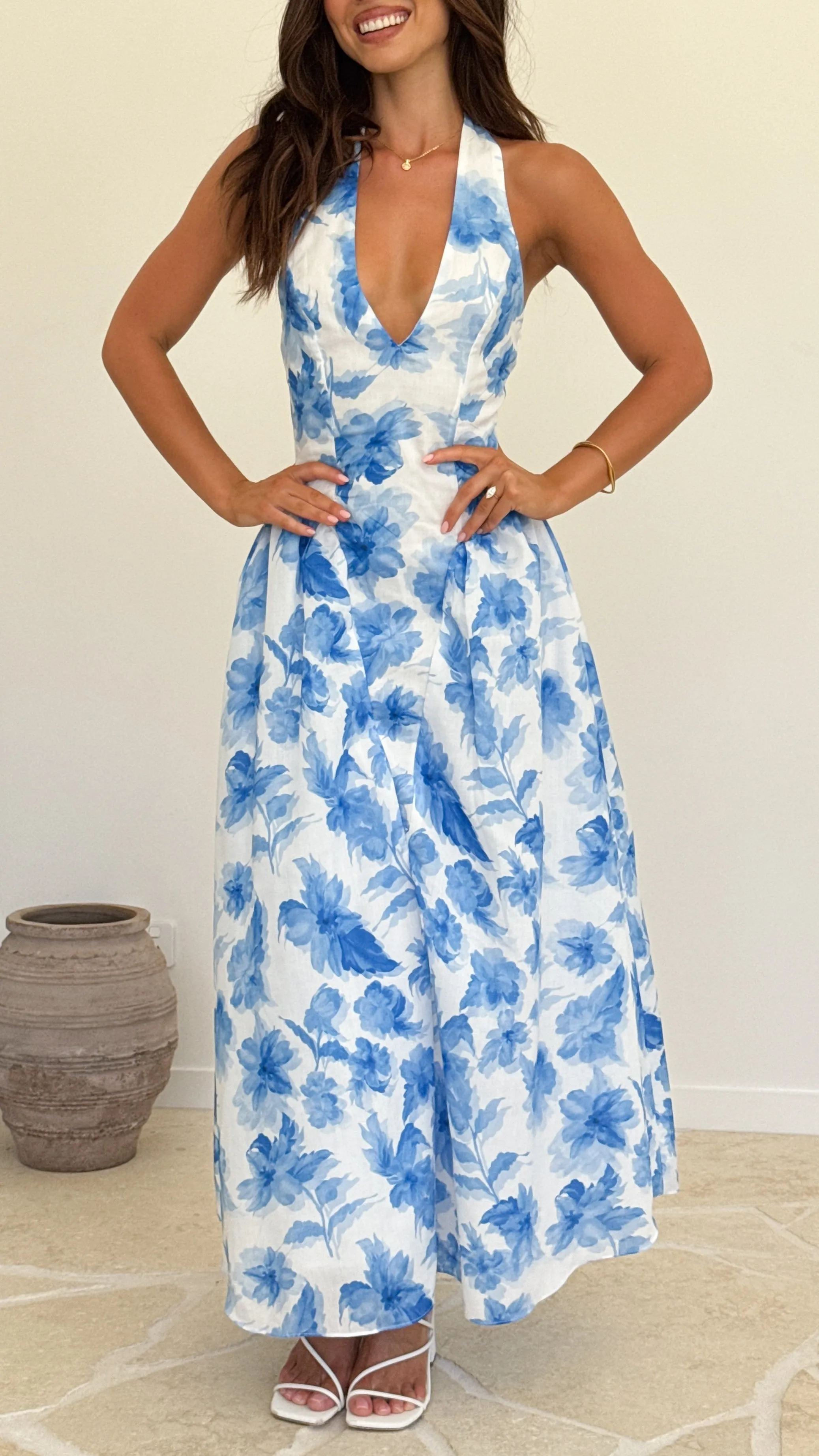 Bryony Halter Neck Maxi Dress - Blue Floral