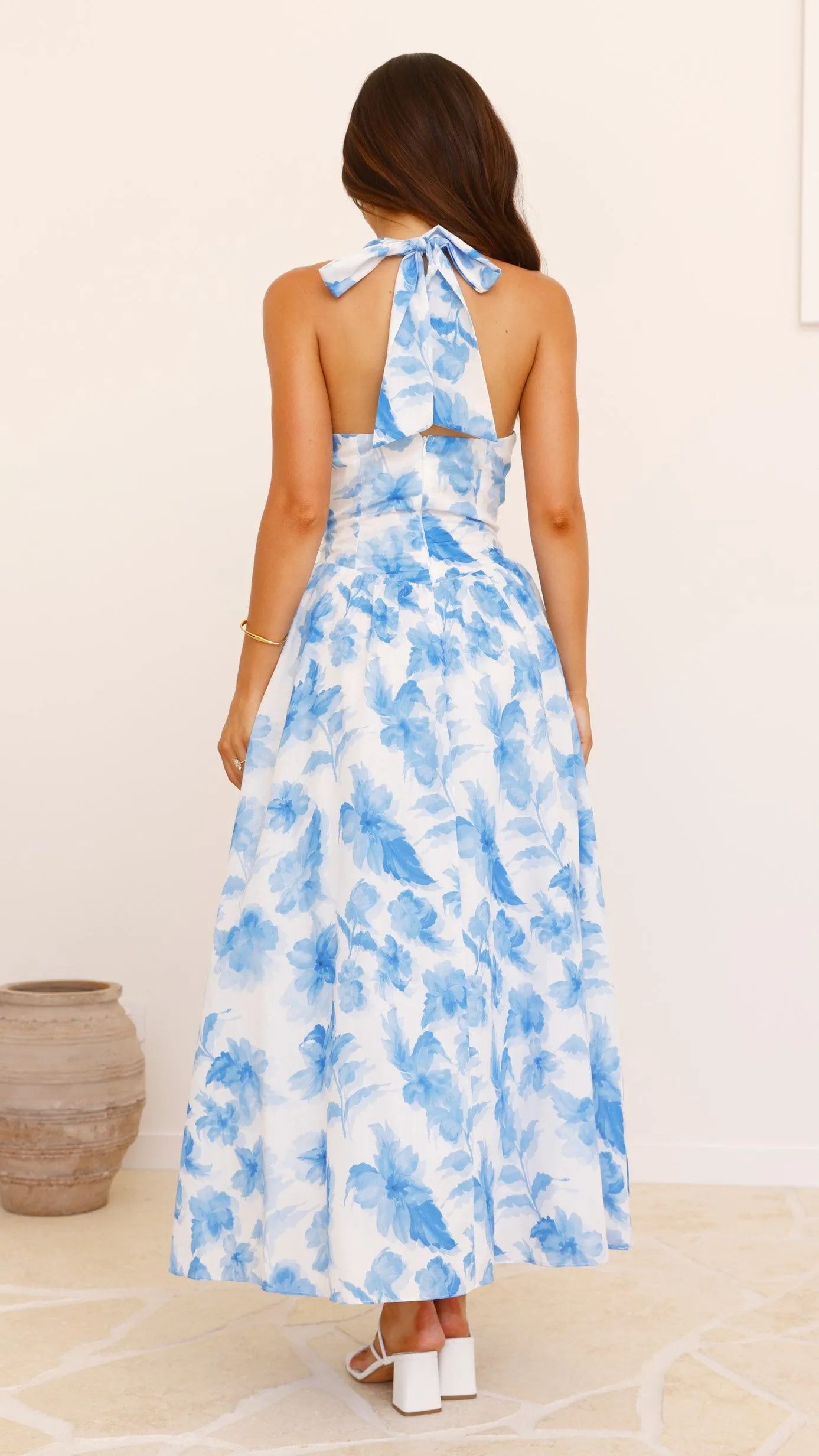 Bryony Halter Neck Maxi Dress - Blue Floral