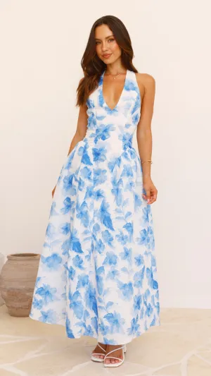 Bryony Halter Neck Maxi Dress - Blue Floral