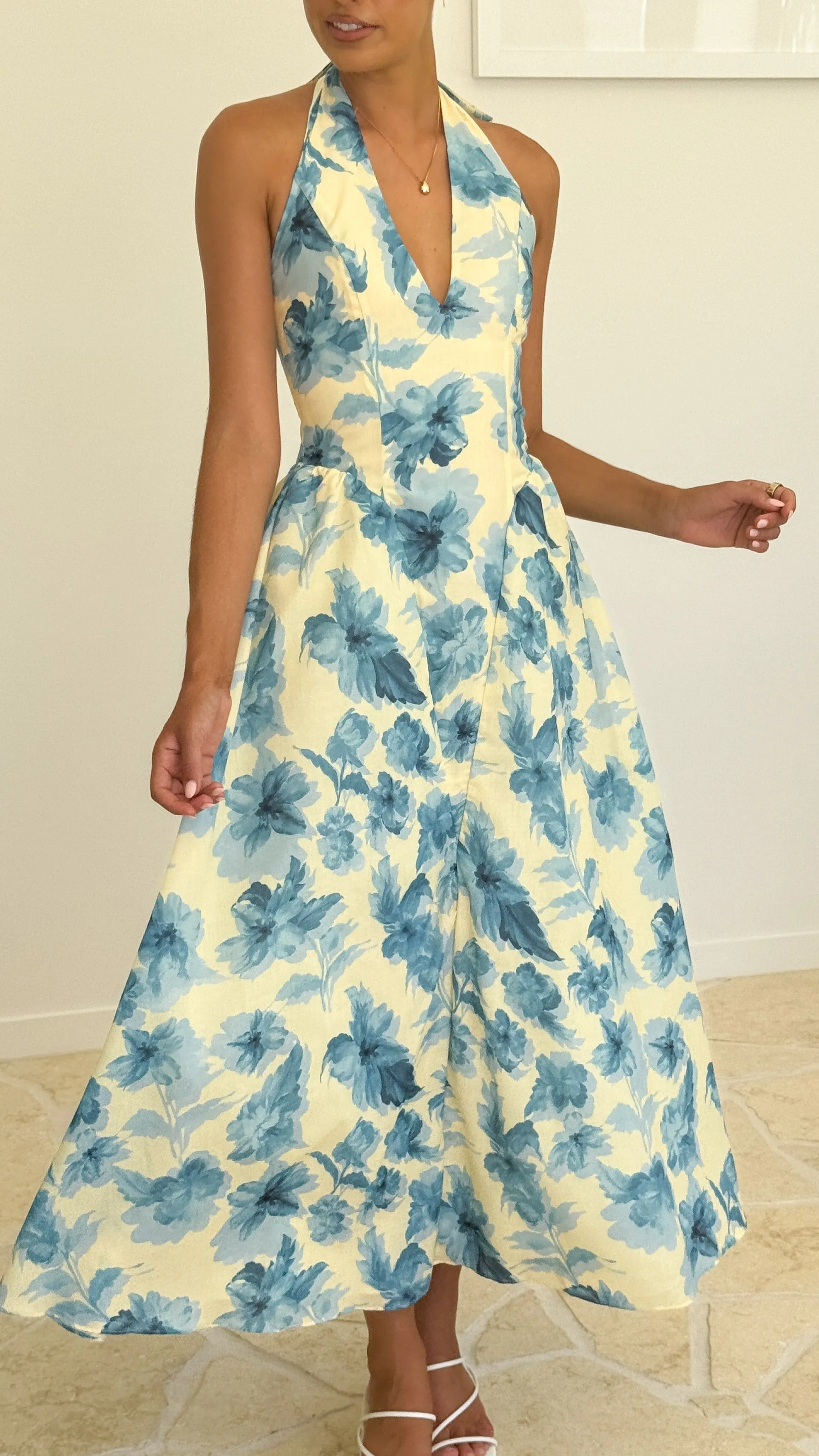 Bryony Halter Neck Maxi Dress - Yellow/Blue Floral