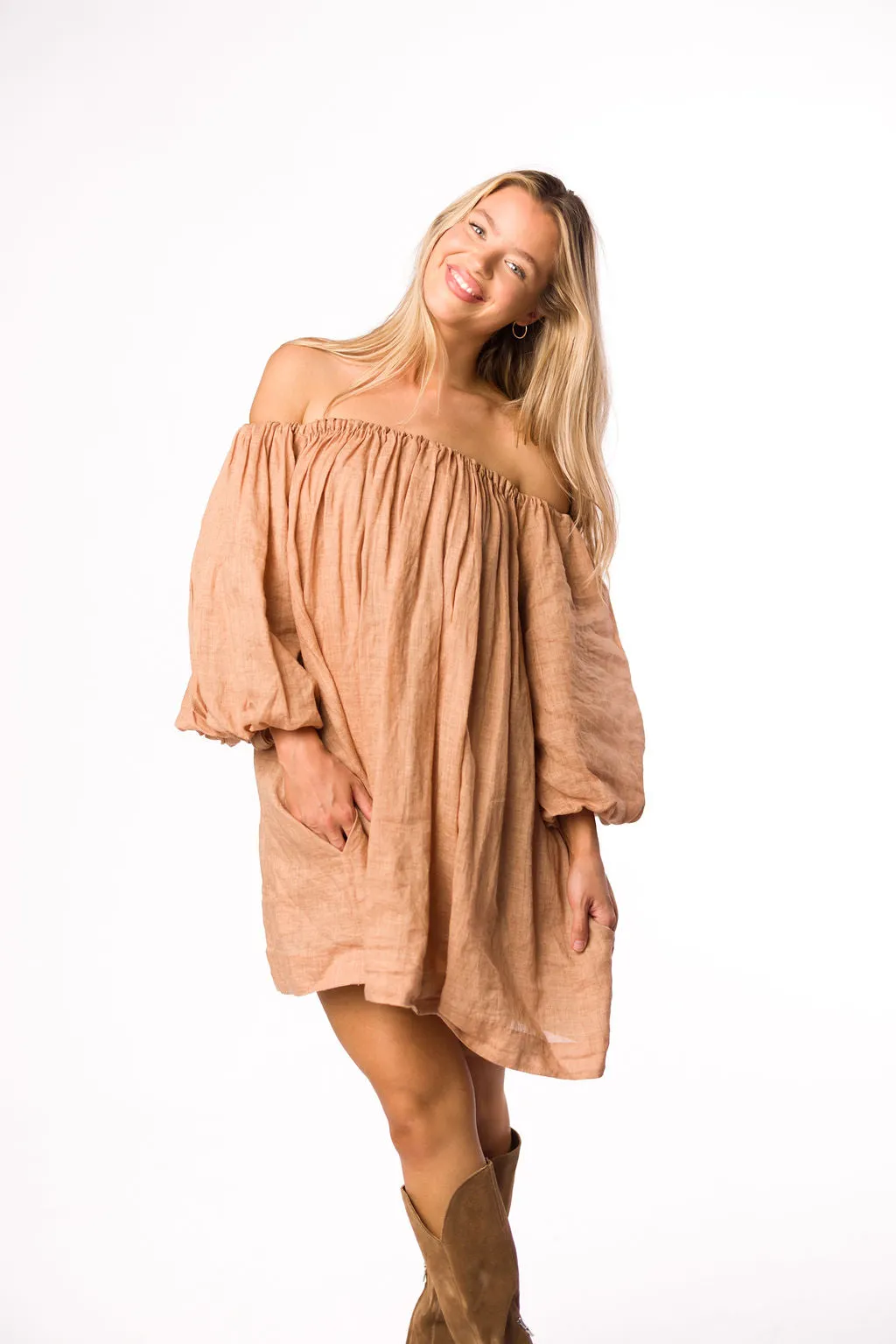 Cassidy 100% Linen On/Off Shoulder Mini Dress in Mocha