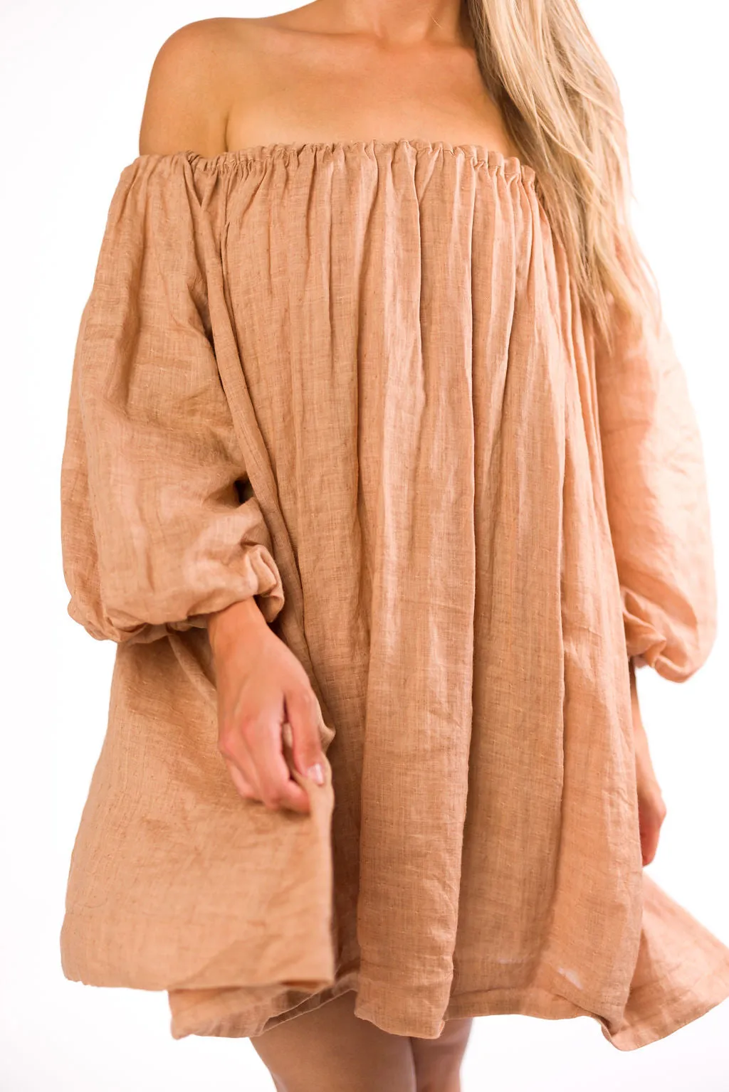 Cassidy 100% Linen On/Off Shoulder Mini Dress in Mocha