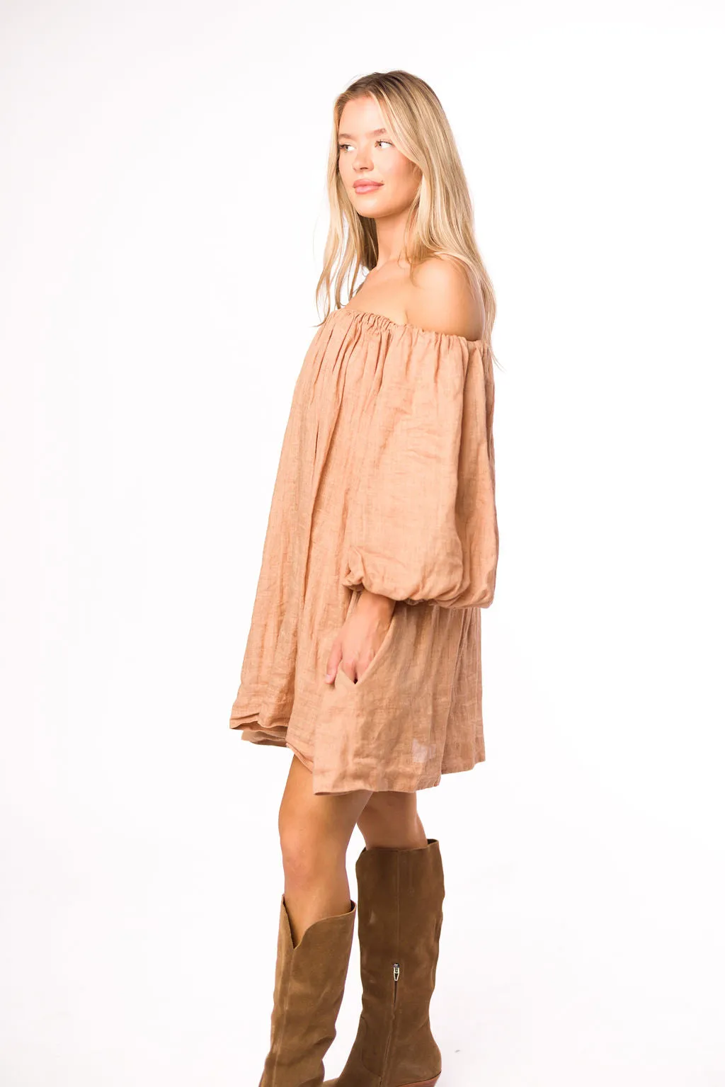 Cassidy 100% Linen On/Off Shoulder Mini Dress in Mocha