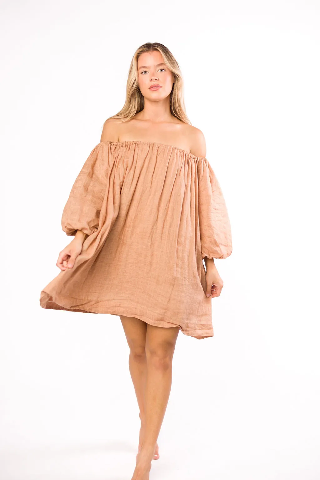 Cassidy 100% Linen On/Off Shoulder Mini Dress in Mocha