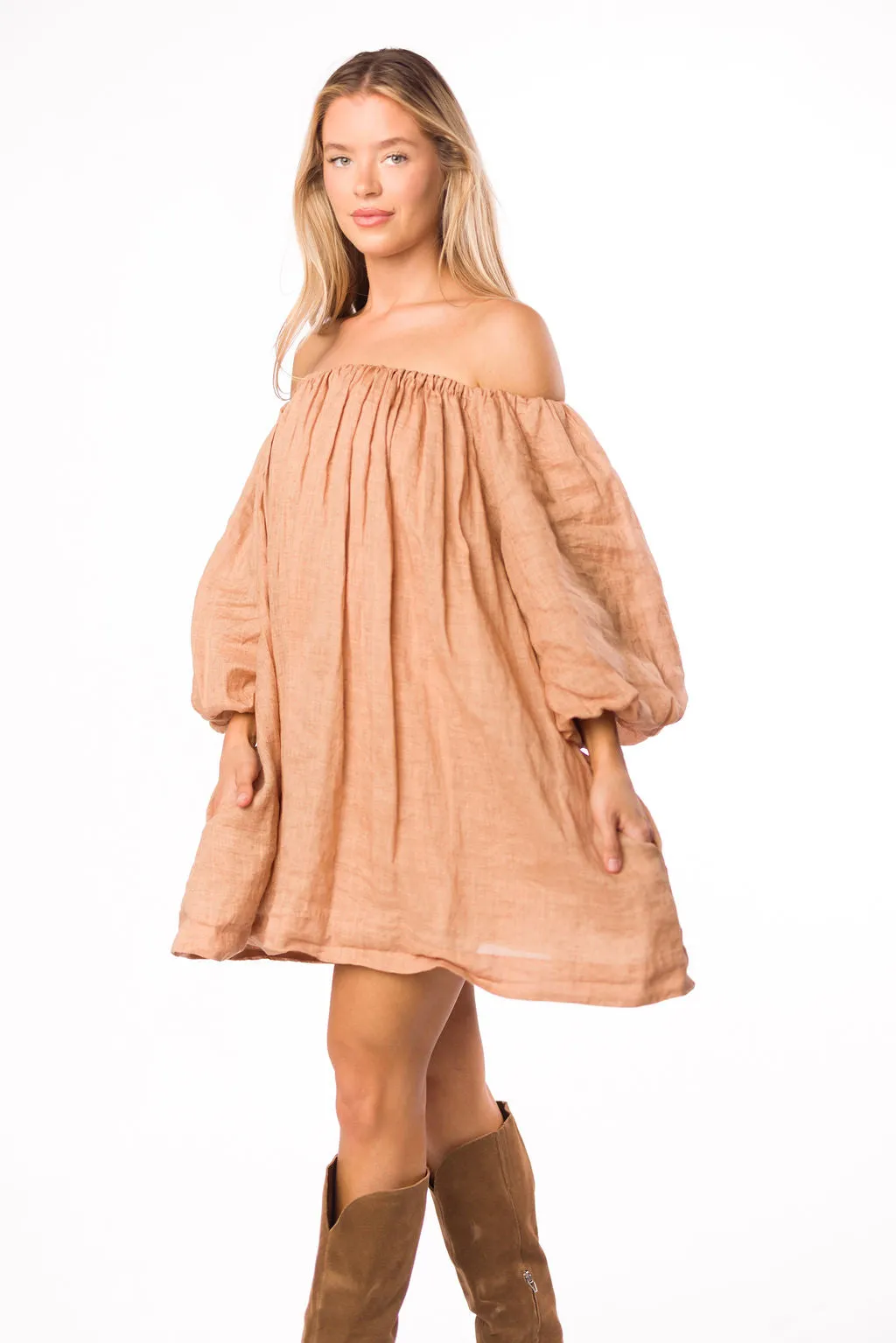 Cassidy 100% Linen On/Off Shoulder Mini Dress in Mocha